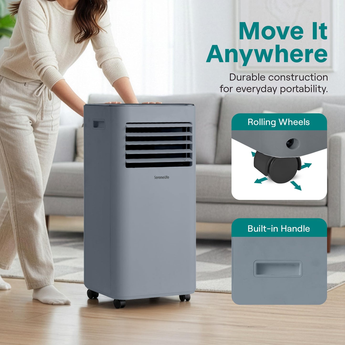 SereneLife Portable Air Conditioner 8000 BTU | Cools Rooms up to 300 sq ft | 3-in-1 Cooling, Fan & Dehumidifier | 24-Hr Timer & Remote| Standing Portable AC Unit with Window Kit and Rolling Wheels