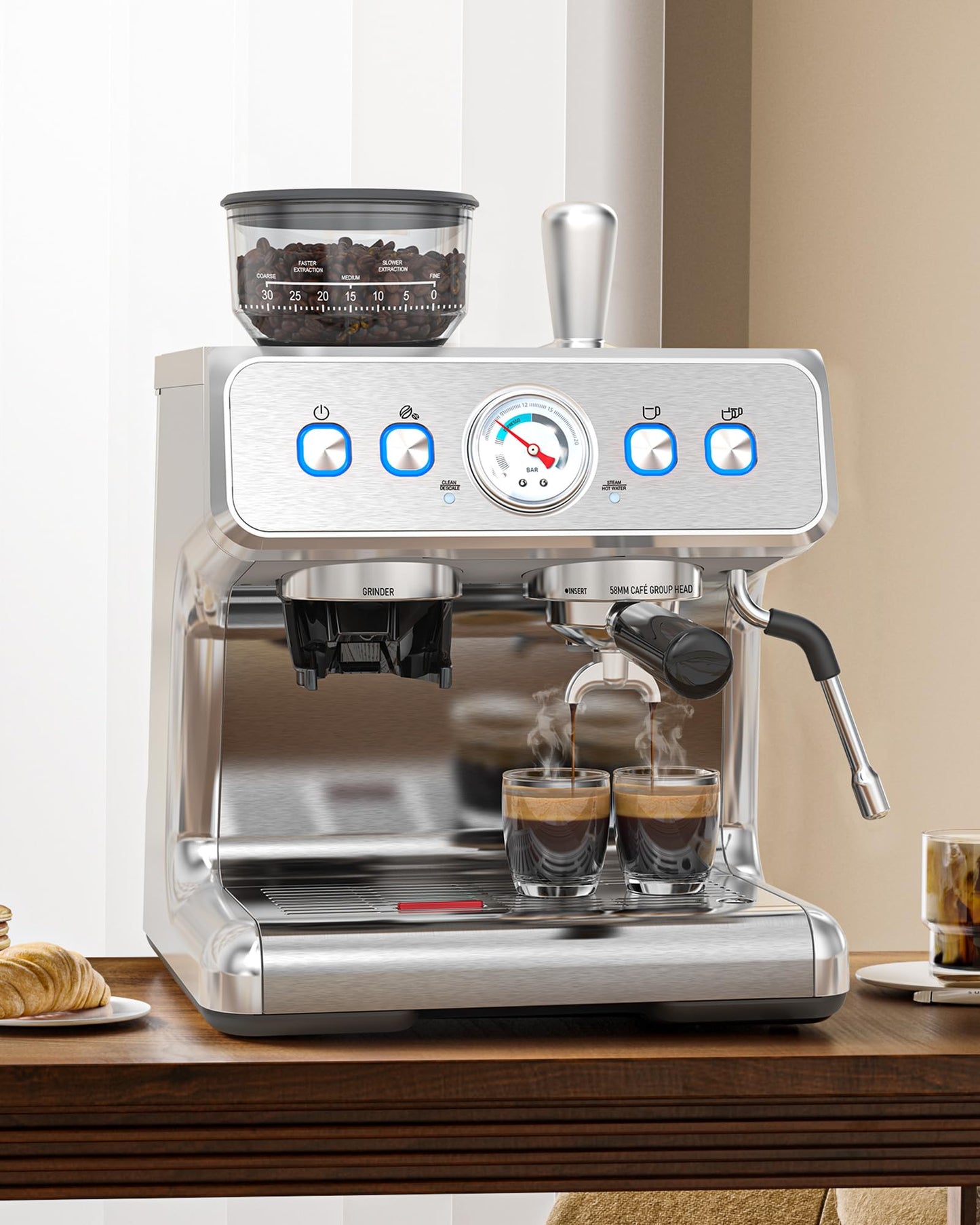 COWSAR 20 Bar Espresso Machine with Grinder & Milk Frother Steam Wand, 58mm Expresso Coffee machines, Commercial Stainless Steel Coffee Maker for Cappuccino and Latte, Perfect for Home Café-Stainless