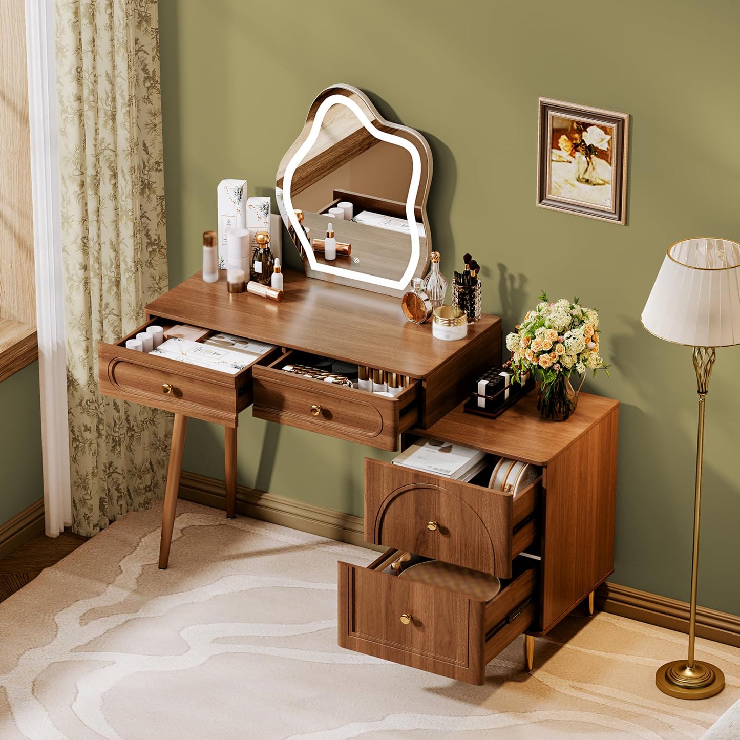 Chrangmay Walnut Stylish Corner Makeup Vanity Table，Vanity Desk with Lighted Mirror and 4 Spacious Drawers,Bedroom Essential Dressing Table with Nightstand，Modern Minimalist Writing Desk for Girls