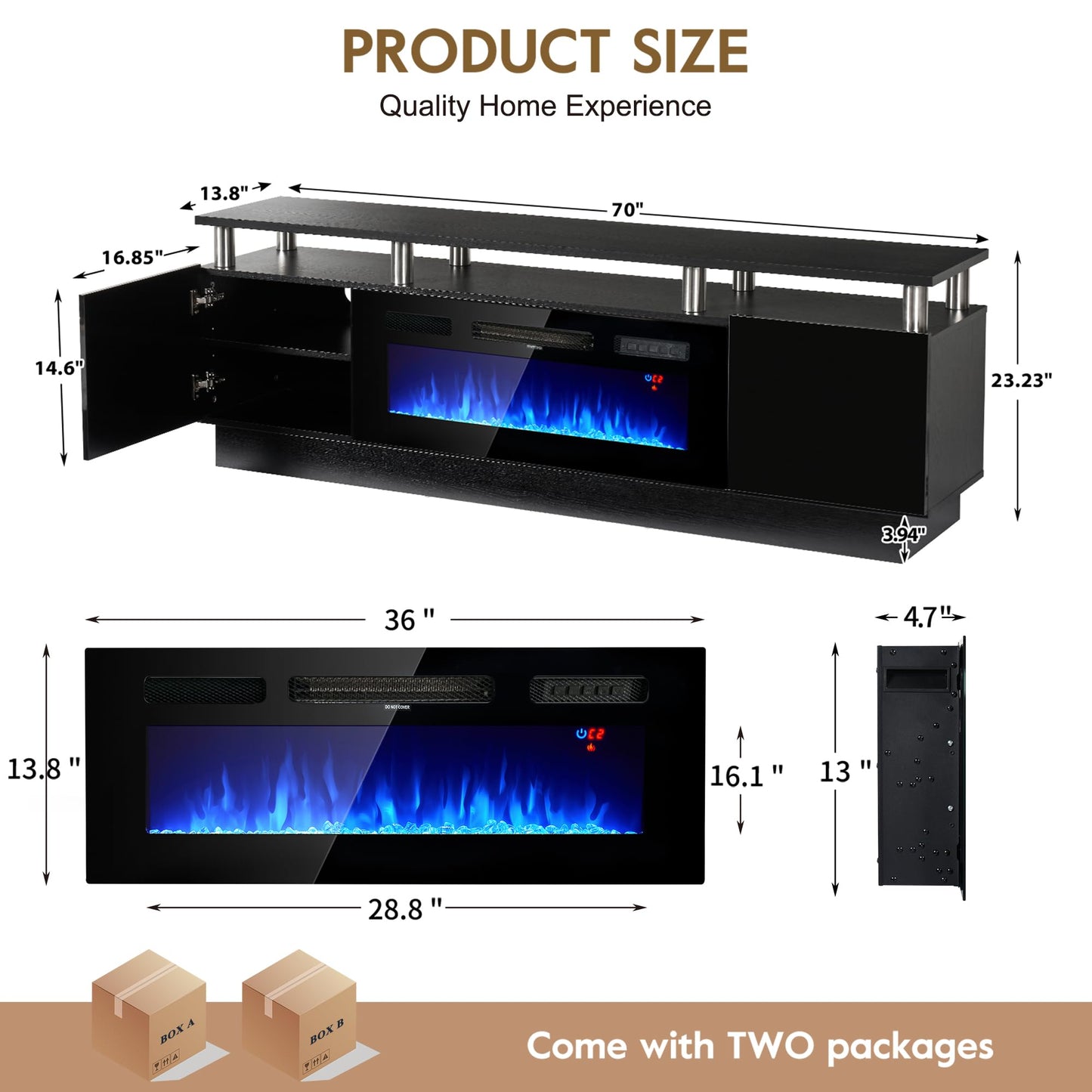 OneBlis 80" Fireplace TV Stand for TVs UP to 90", Electric Fireplace Entertainment Center with LED Lights & Storage Cabinets, TV Console for Living Room, Office, Black-Black