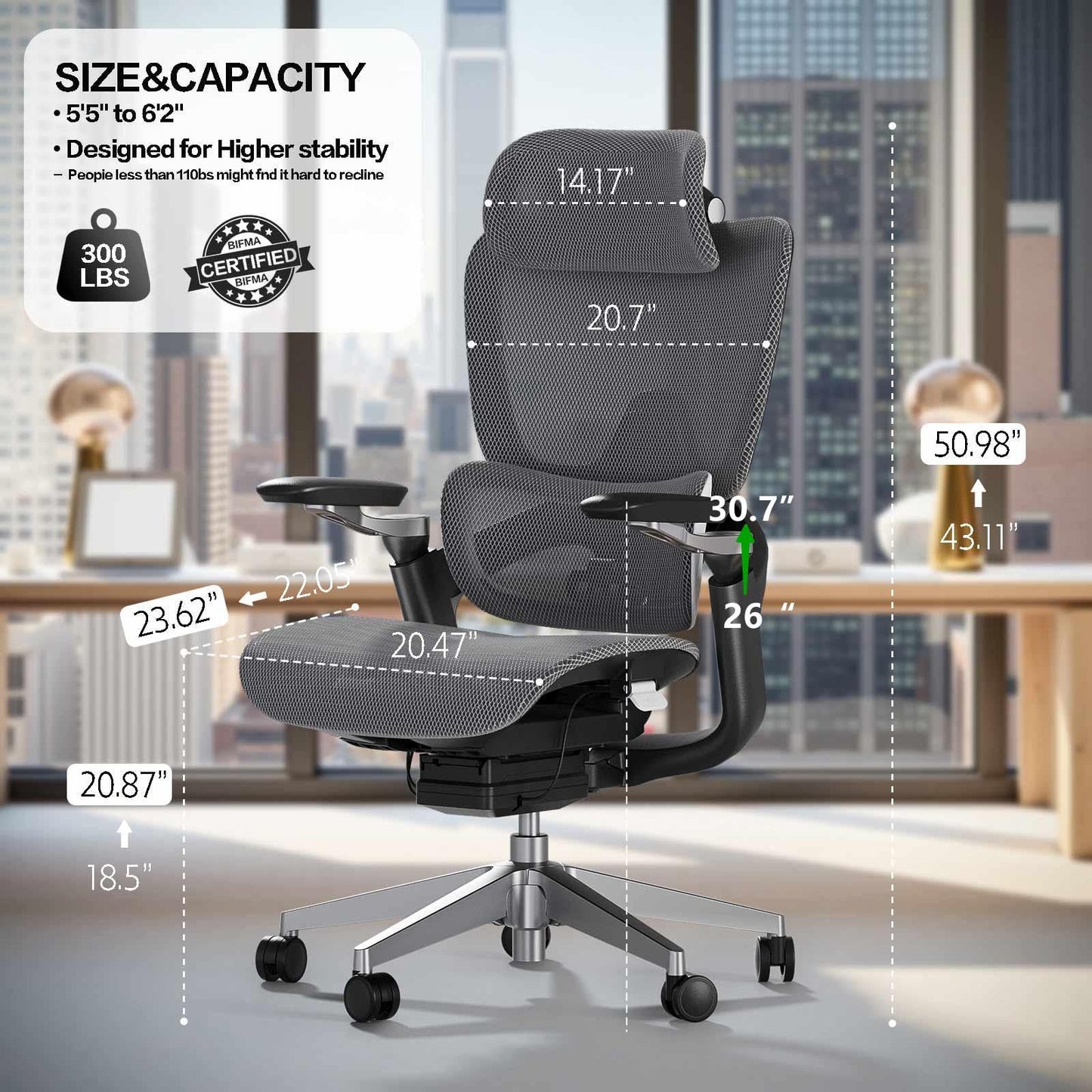 chirvana Ergonomic Office Chair with Adjustable 3D Lumbar Support, Mesh Computer Chair 5D Armrests, Home Desk Chair with 4D Headrest, 90-130°Tilt, BIFMA Certified, Model Zen (Grey)