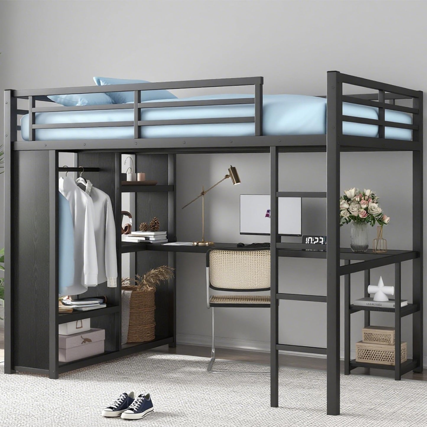 Bellemave Metal Full Size Loft Bed with Desk and Wardrobe,Heavy Duty Loft Bed Frame with Storage Shelves for Kids,Teens,Adults, Space Saving,Black
