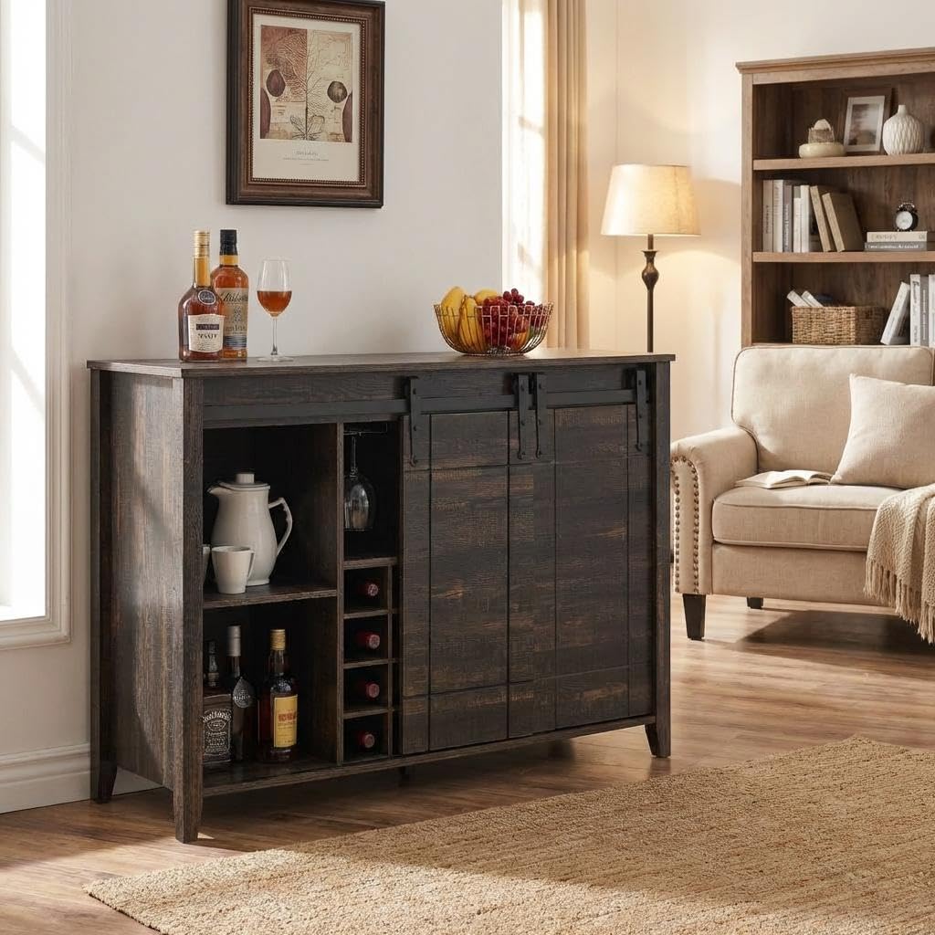 GarveeTech Farmhouse Bar Cabinet with Sliding Barn Doors, Rustic Liquor & Coffee Station with Wine Glass Racks & Adjustable Shelves, Buffet Sideboard for Dining Room, Kitchen, Entryway (Fire Finish)