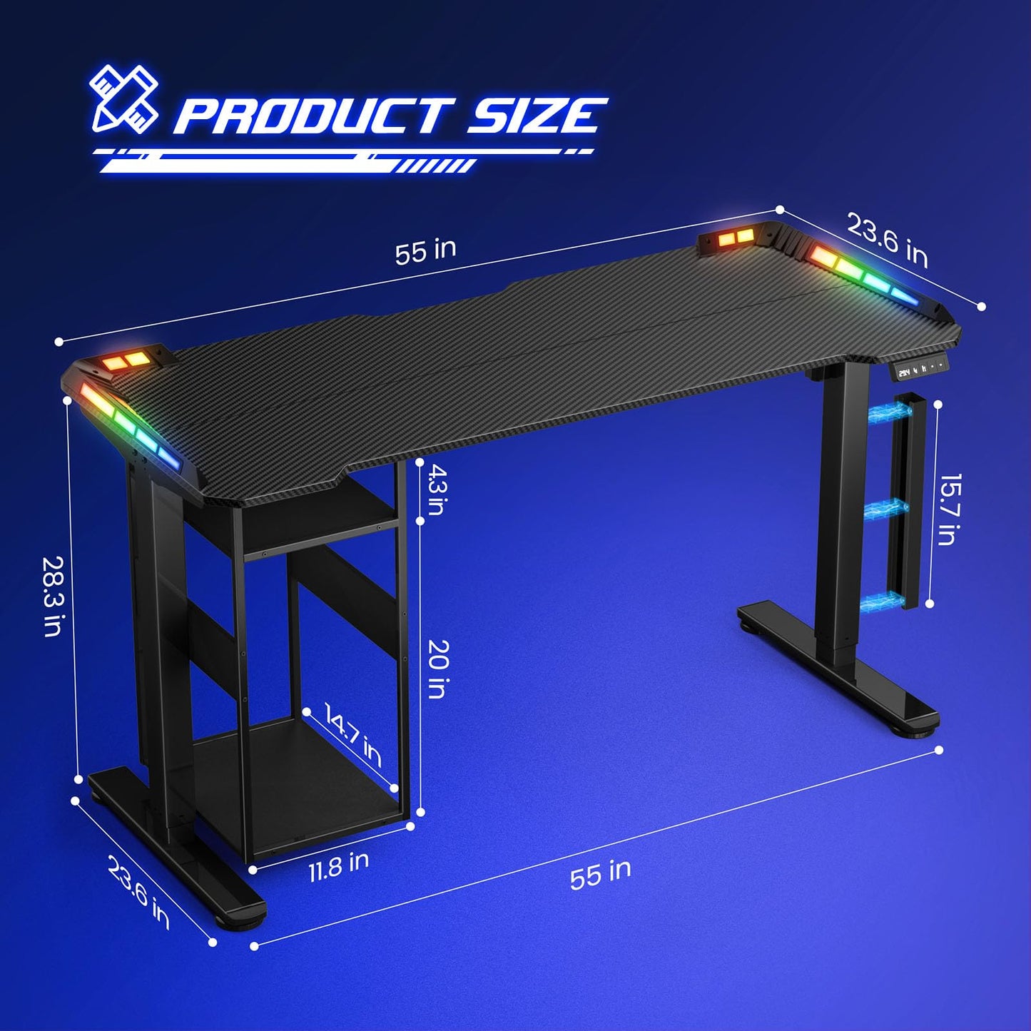 Gaming Standing Desk with LED Lights & Host Shelf, 55" x 24" Gaming Table with Music Sensing APP Control, Underdesk Cable Storage Electric Standing Desk, Black Carbon Fiber PC Table for Home Office
