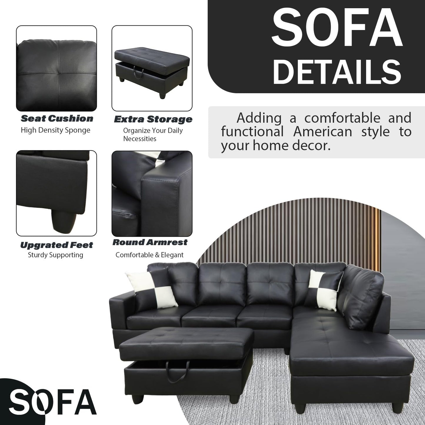 UOCFYK Sectional Sofa Couch with Right Chaise, Faux Leather L Shaped Couches for Living Room, Office, Apartments, Small Space, Black