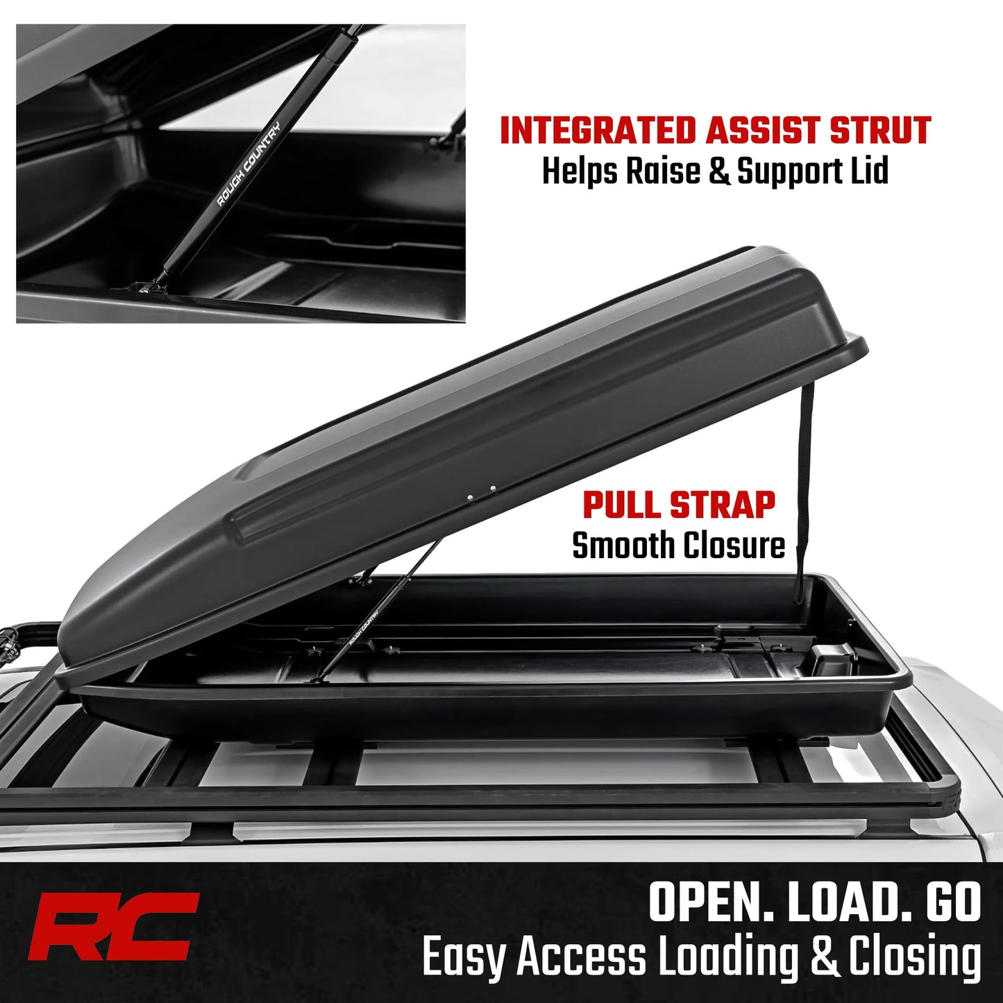 Rough Country Rooftop Cargo Box 14.5 Cu Ft – Hard Shell Roof Rack Storage Carrier, Strut Assisted, Lockable & Weatherproof, No Drill Install