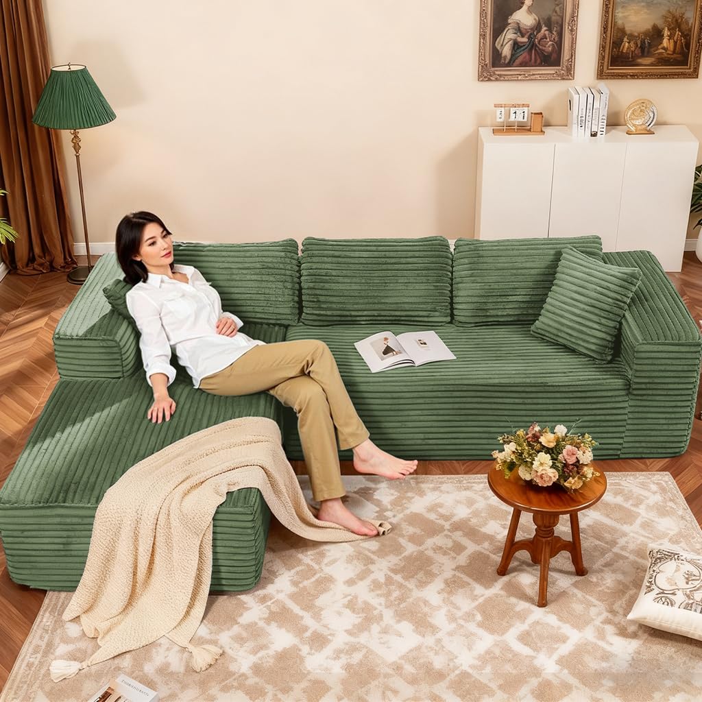 COMHOMA 105”Modular Sectional Sofa with Deep Seat,Cloud Upholstered L-Shape Couch Wide Arms Corduroy Fabric High-Density Foam Chaise Lounge for Living Room No Assembly Required,Green