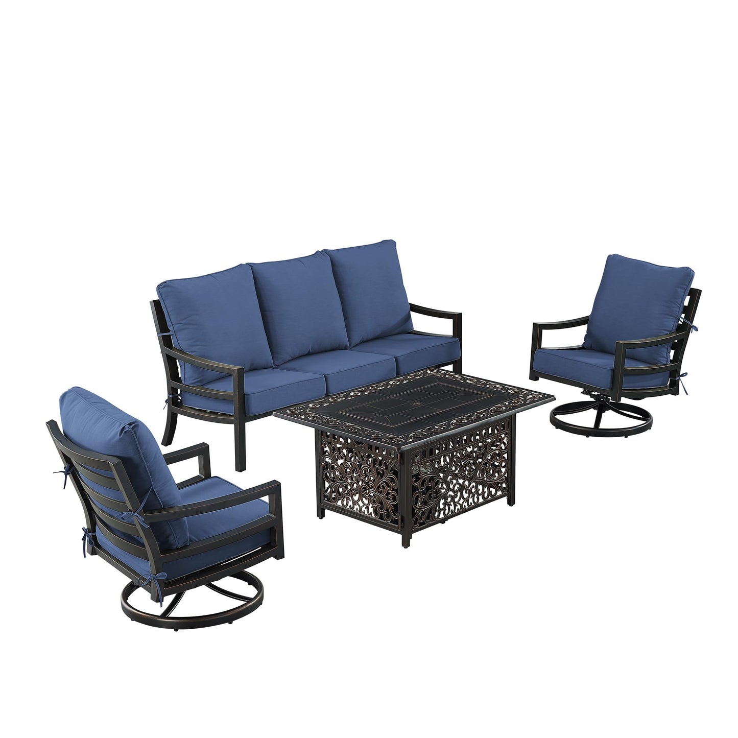 Oakland Living Black Aluminum Patio Fire Table Set with Deep Seating Sofa with Cushions and Two Club Chairs with Blue Cushions