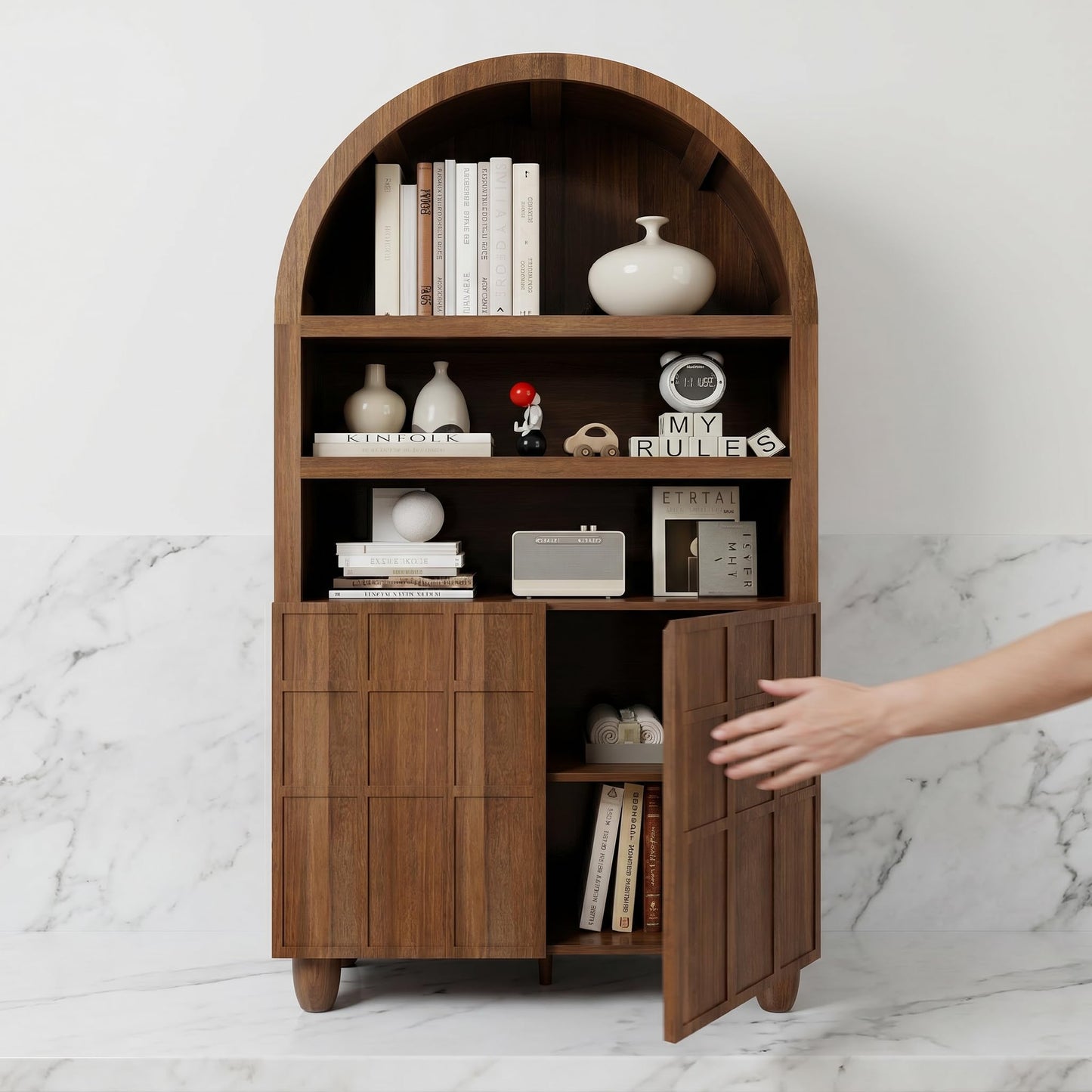 NicBex 71'' Tall Arched Cabinet with Fluted Door, Display Cabinet with Adjustable Shelves Display Cabinet, Mid Century Modern Round Top Cabinet for Living Room, Office, Entryway, Walnut