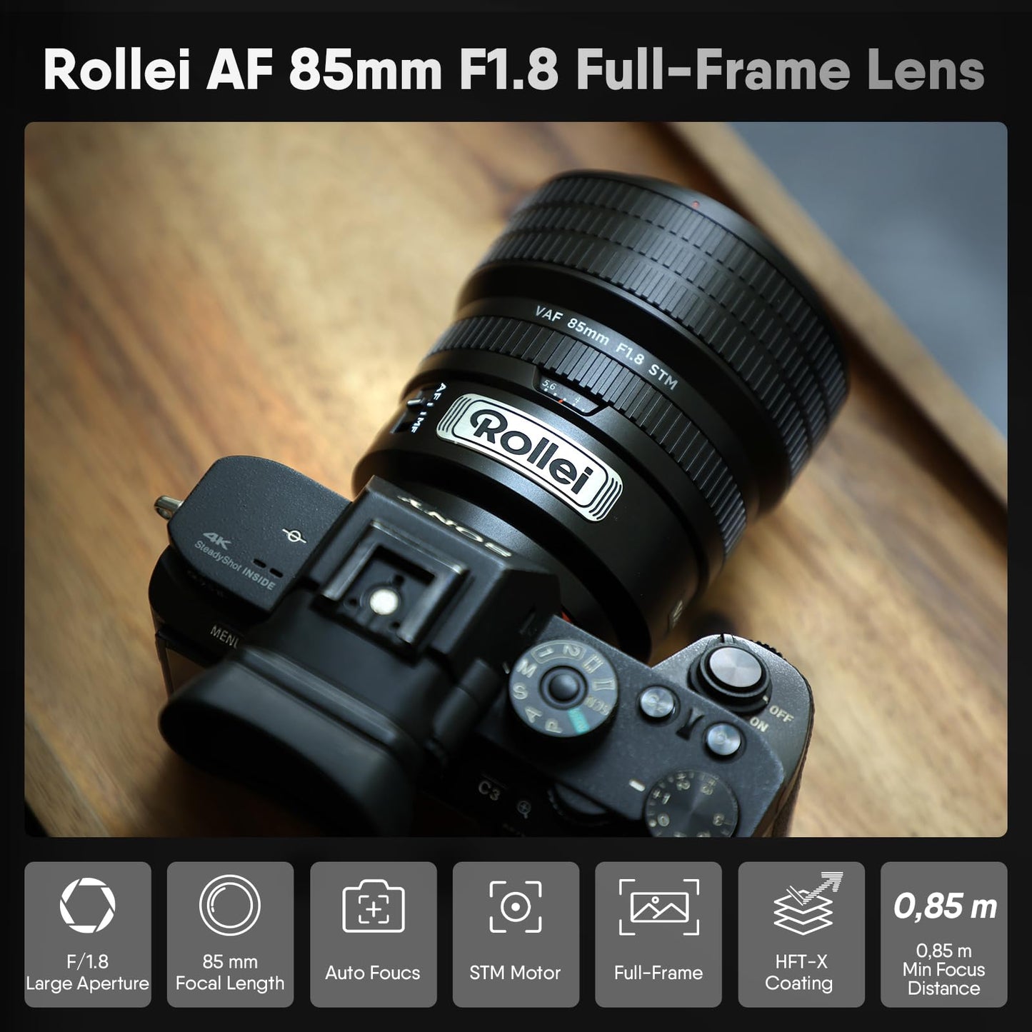 Rollei AF 85mm F/1.8 Lens，STM Autofocus，HFT-X Coating，Mount Cameras，Full Metal Body，477g，Compatible with APS-C，for Sony FE