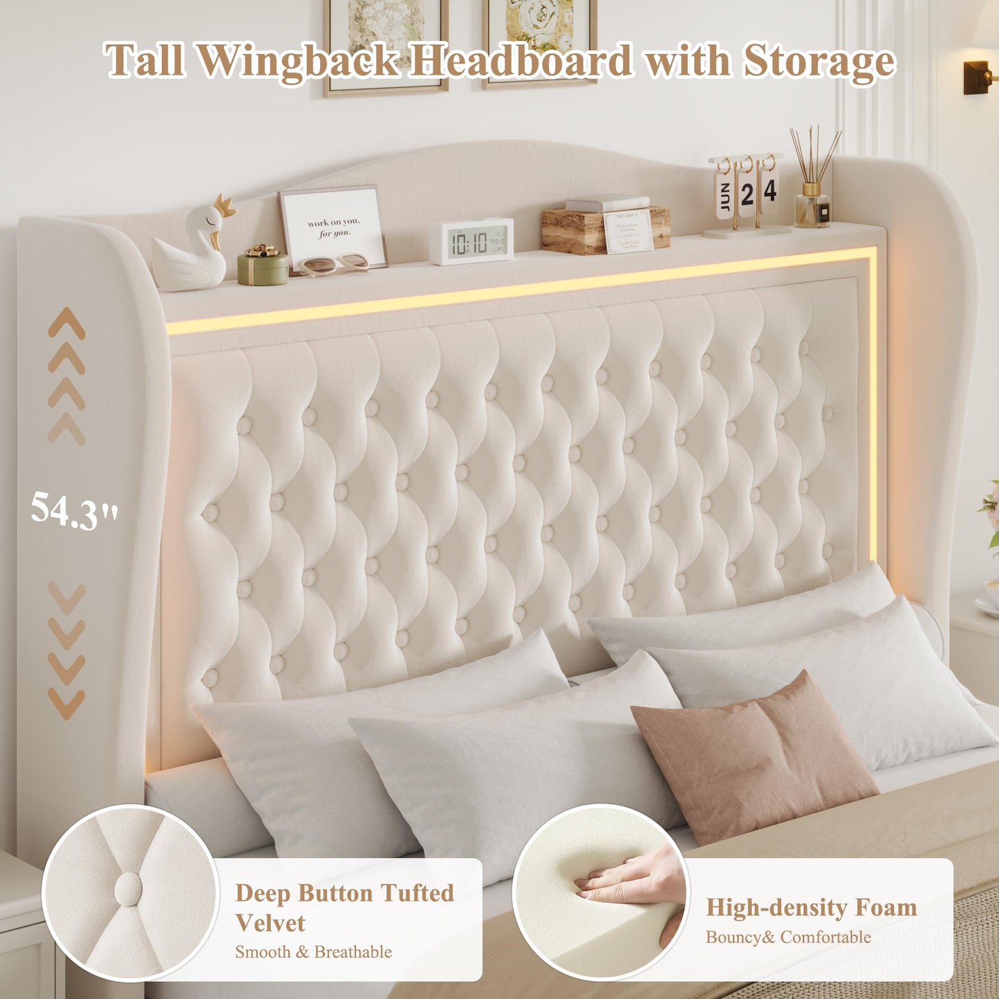 Queen Bed Frame 55" Tall Headboard with LED Lights, Buttons Tufted Velvet Upholstered Platform Bed Frame with 2 Storage Drawers, Wood Slats Support Mattress Foundation, No Box Spring Needed, Beige