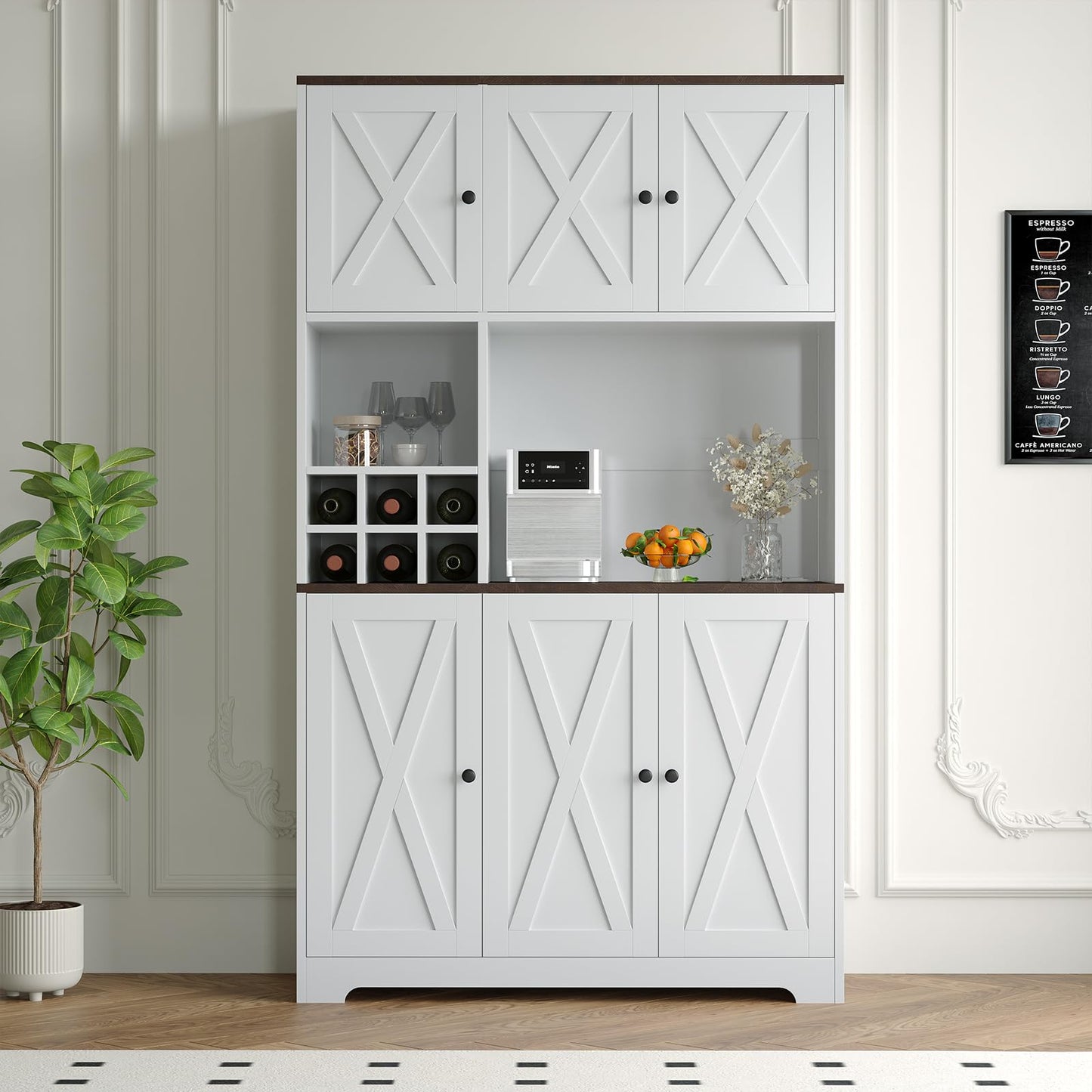 IDEALHOUSE 71" White Farmhouse Kitchen Pantry Cabinet with Wine Rack & Coffee Bar Station - Tall Freestanding Storage Cabinet Hutch for Dining Room, Living Room, Home Bar
