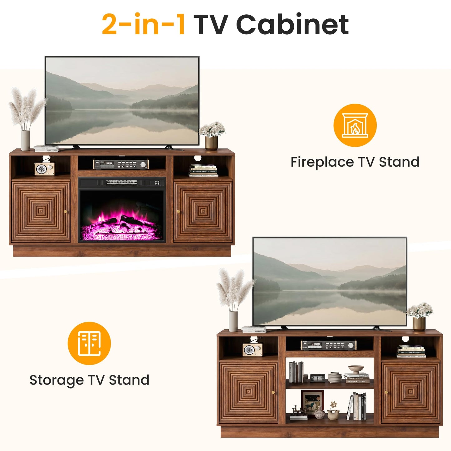 RoyalCraft TV Stand, Farmhouse Entertainment Center with Storage and Adjustable Shelves, Wood Tall TV Console for Living Room, Bedroom