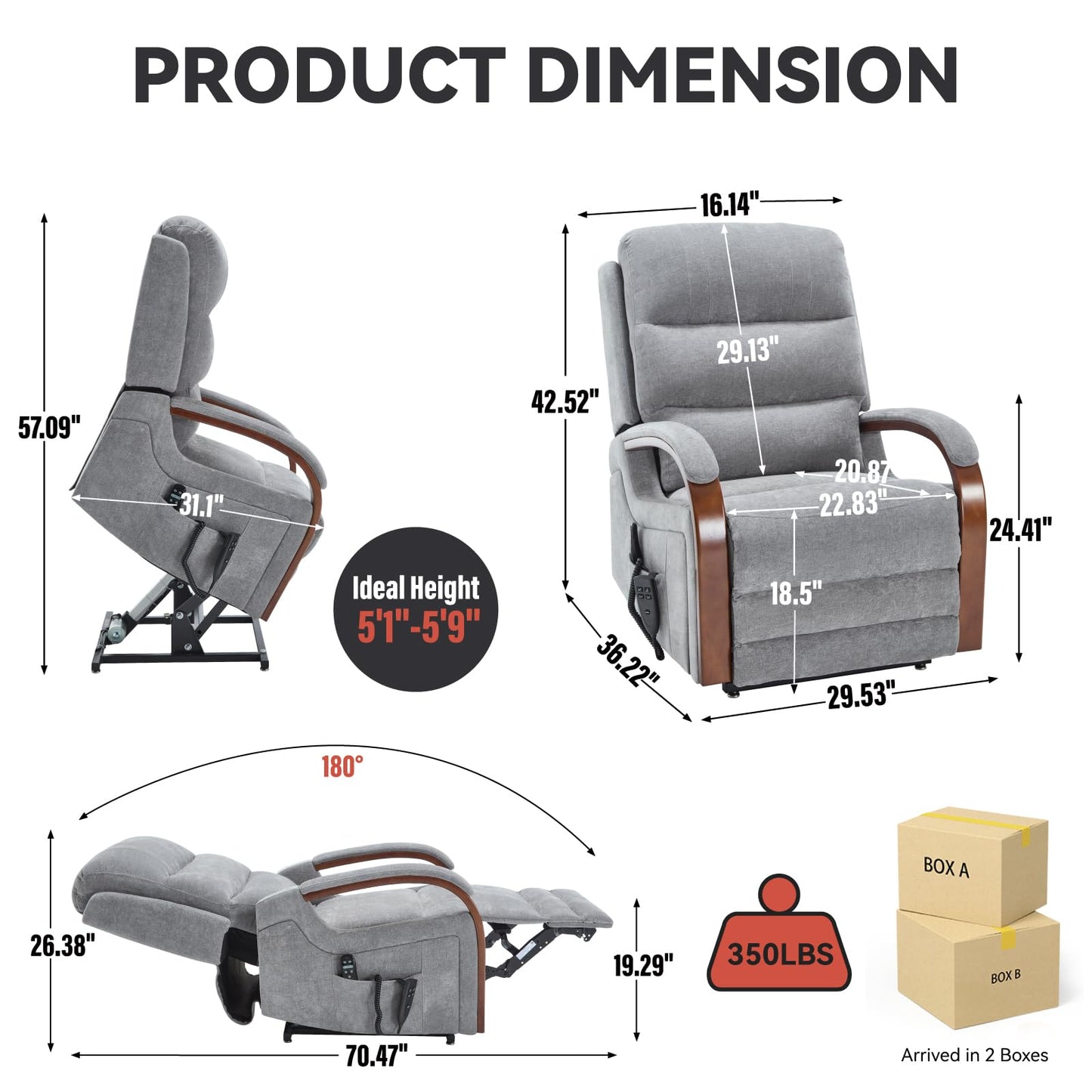 KEIKI Chenille Electric Power Lift Recliner Chair with Heat Massage, Solid Wood Armrests & Timer Function, Elderly Lazy Boy Sofa Seating for Home Theater, Infinite Position, Dual Motor, Up to 350 LBS