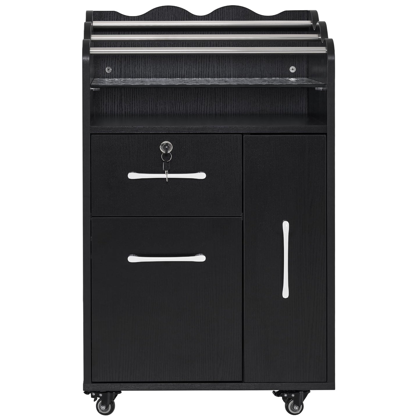 BarberPub Salon Cart with Storage Drawer Cabinet Barber Trolley with Wheels Rolling Salon Cart for Hair Stylist Beauty Organizer 2045 (Black)