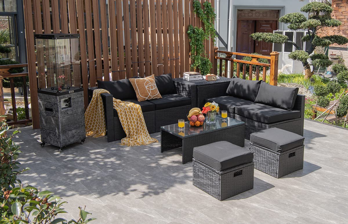 Tangkula 8 Pieces Patio Furniture Set with Waterproof Cover, Patiojoy Space Saving Outdoor PE Rattan Set with Storage Box, Tempered Glass Table, 2 Ottomans, 2 Armless Sofas & Corner Sofas