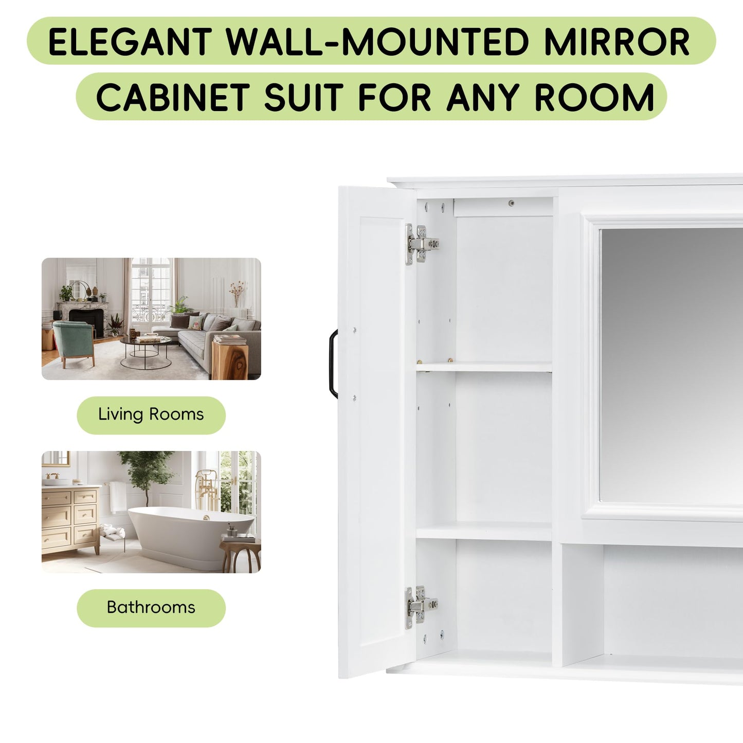 36x28 Inch Medicine Cabinet with Mirror, Wall-Mounted Wood Bathroom Storage Cabinet with Adjustable Shelf and 3 Doors for Laundry Kitchen, White