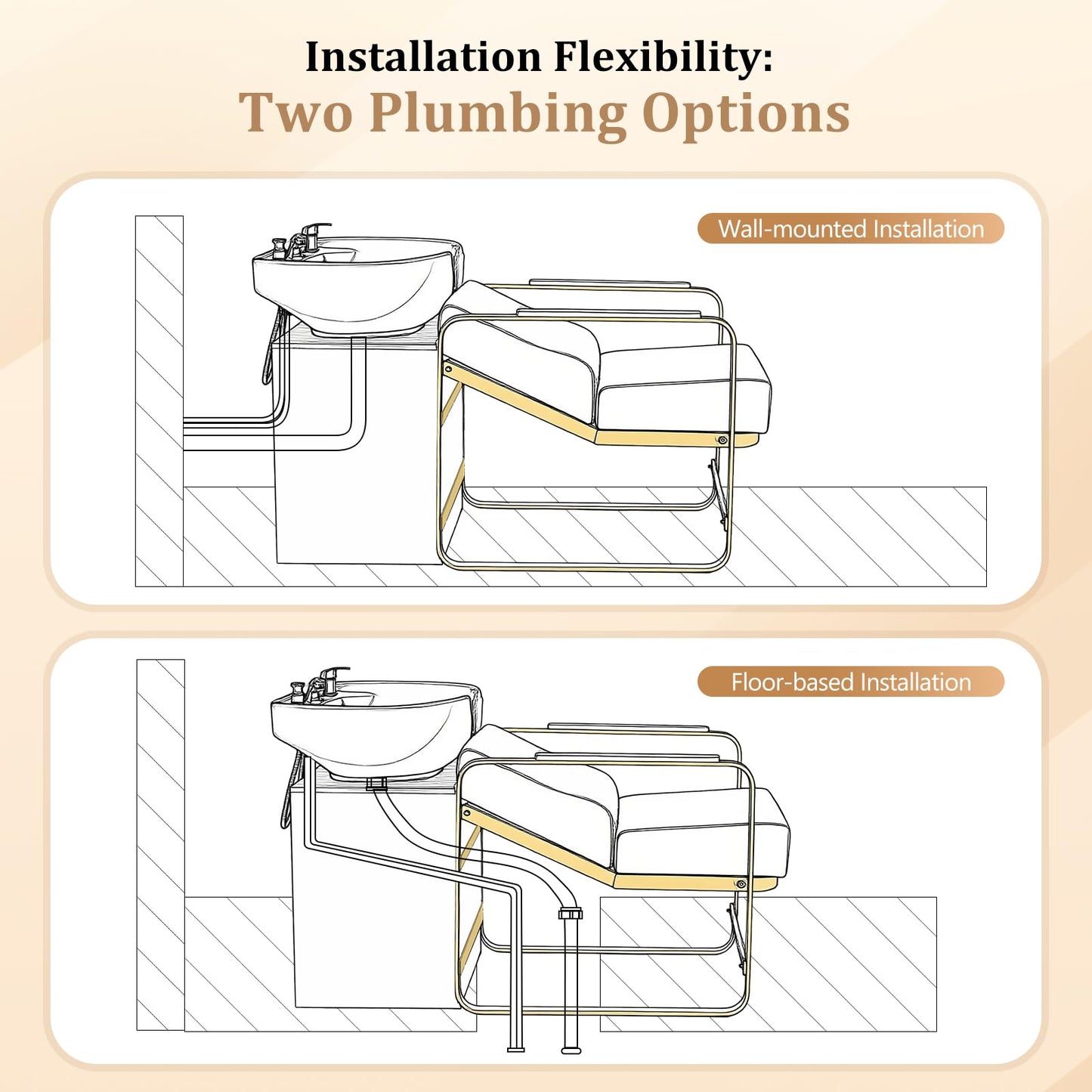 OmySalon Shampoo Chairs for Salon, Stainless Steel Frame & UPC Certified Shampoo Bowl & Footrest, Hair Washing Station, Backwash Unit for Beauty Spa Barbershop, Black and Gold