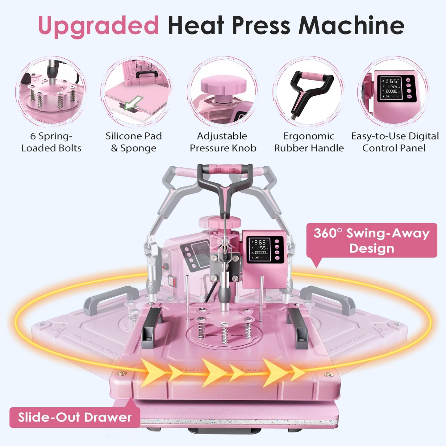 Seeutek 8 in 1 Heat Press Machine 15x15 Inch, Swing Away Digital Sublimation Heat Transfer Press with 20oz & 30oz Tumbler Attachments for T-Shirts, Mugs, Hats & Plates, Pink