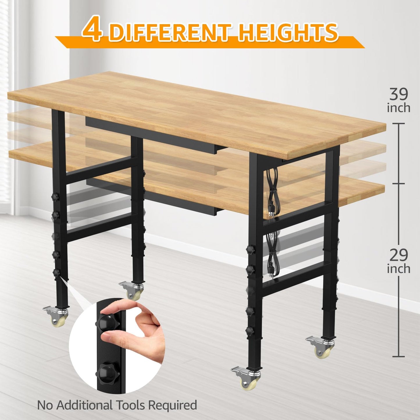 60" Adjustable Workbench,Heavy-Duty Work Table,3000 LBS Load Capacity Hardwood Workstation Outlets with Power Strips, Drawers and Wheels,for Workshop, Garage