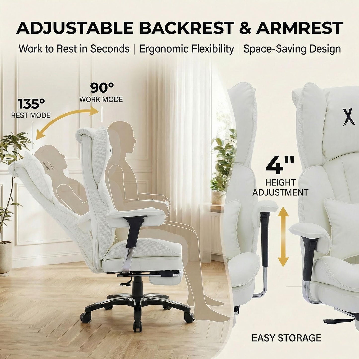 Efomao Big and Tall Office Chair 400lbs Capacity, 24.4" Extra Wide Seat Heavy Duty White Desk Chair with Footrest, Oversized Executive Computer Chair with Adjustable Armrests for Home Office
