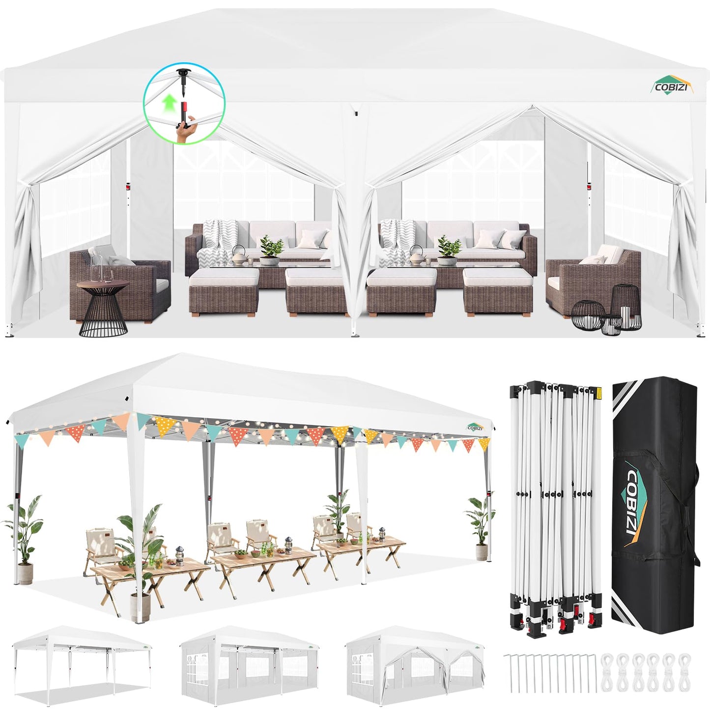 COBIZI 10x20 FT Pop up Canopy Tent with Sidewalls, Party Tents for Parties, Carpas para Fiestas, Easy Set Large Outdoor Popup Patio Gazebo for Backyard,Weddings,Vendor,Commercial Event,White (Upgrade)