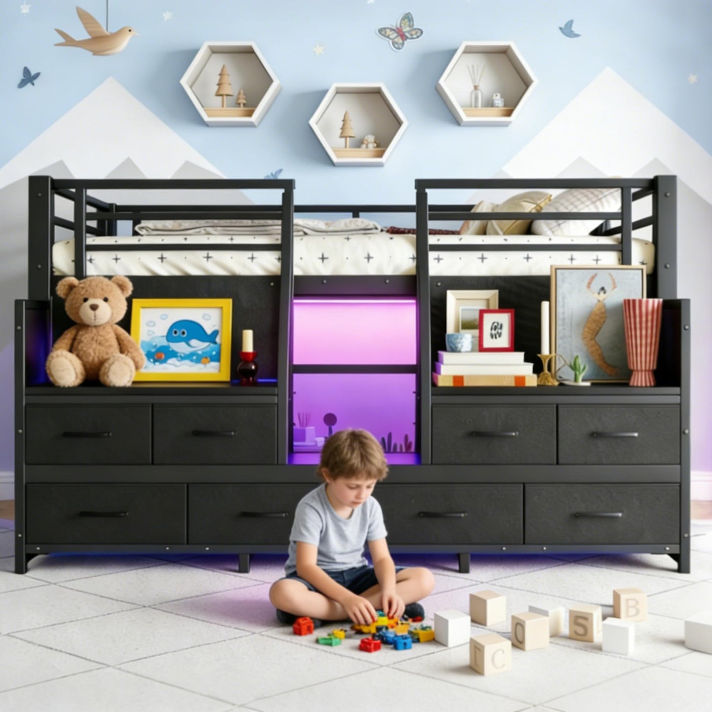 Bellemave Twin Size Low Loft Bed with 8 Drawers, Storage Shelves & LED Lights, Metal Low Loft Bed Frame with Multi-Storage & Under-Bed Spaces for Kids Girls Boys, Black