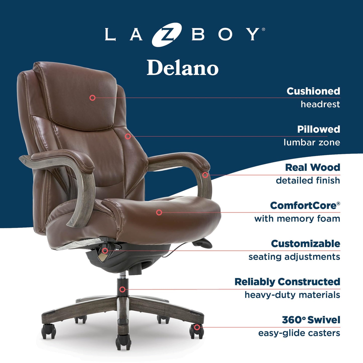 La-Z-Boy Delano Big and Tall Executive Office Chair - Ergonomic Lumbar Support Memory Foam - Bonded Leather Desk Chair for Home Office - Weathered Gray Wood Arms - Brown