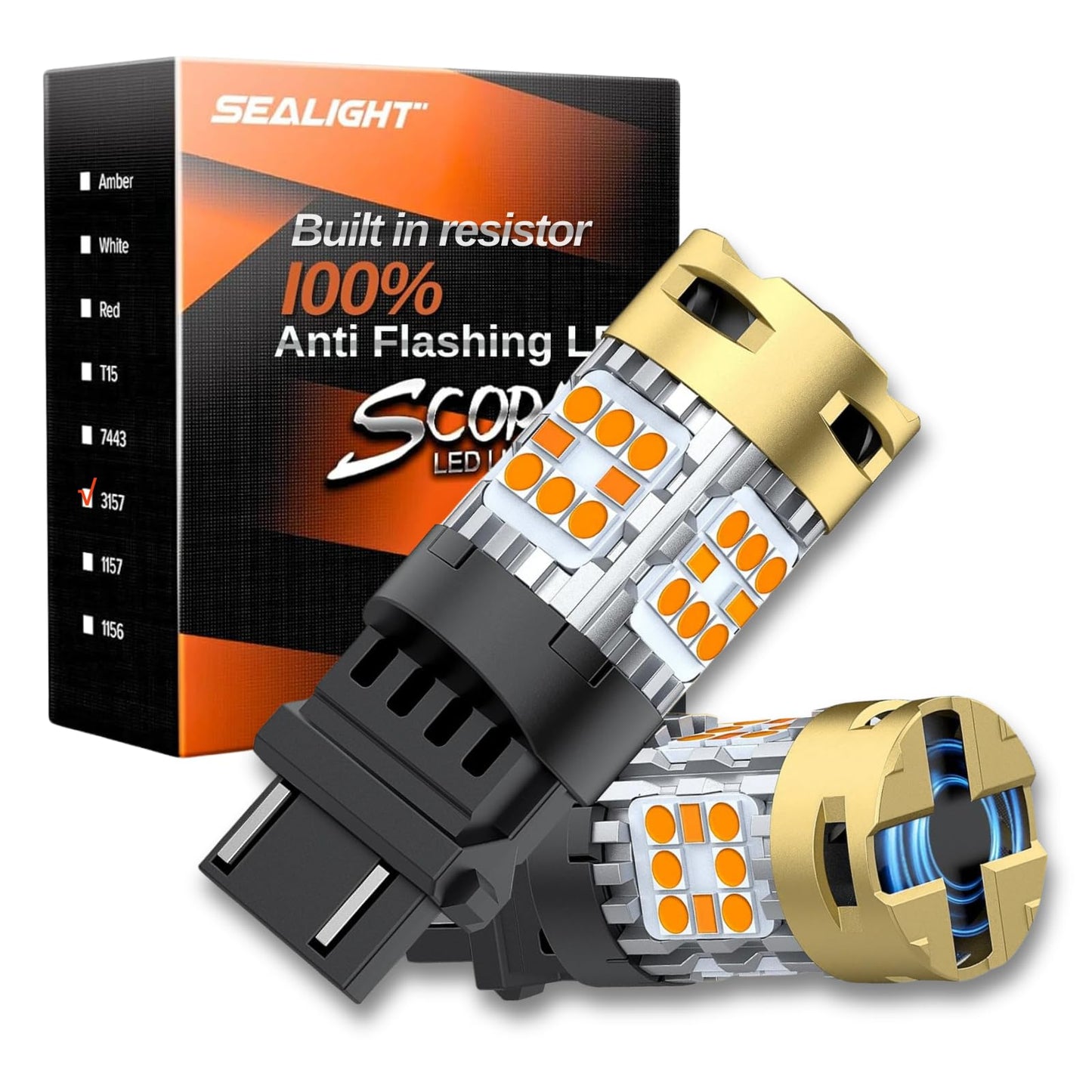 SEALIGHT 3157 LED Bulb Amber Yellow, Built-in Resistor, Anti Hyper Flash, 3156 Compatible, 2PCS