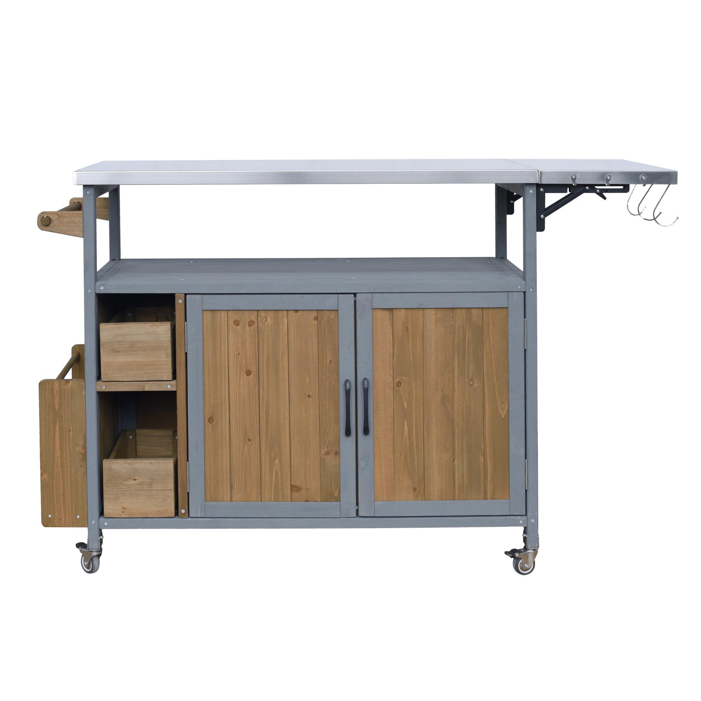 Christopher Knight Home Edsel Outdoor Bar Cart with Stainless Steel Top and Lockable Wheels, Solid Wood Outdoor Storage Cabinet, Kitchen Island Serving Cart for Poolside, Walnut Brown+Blue Gray