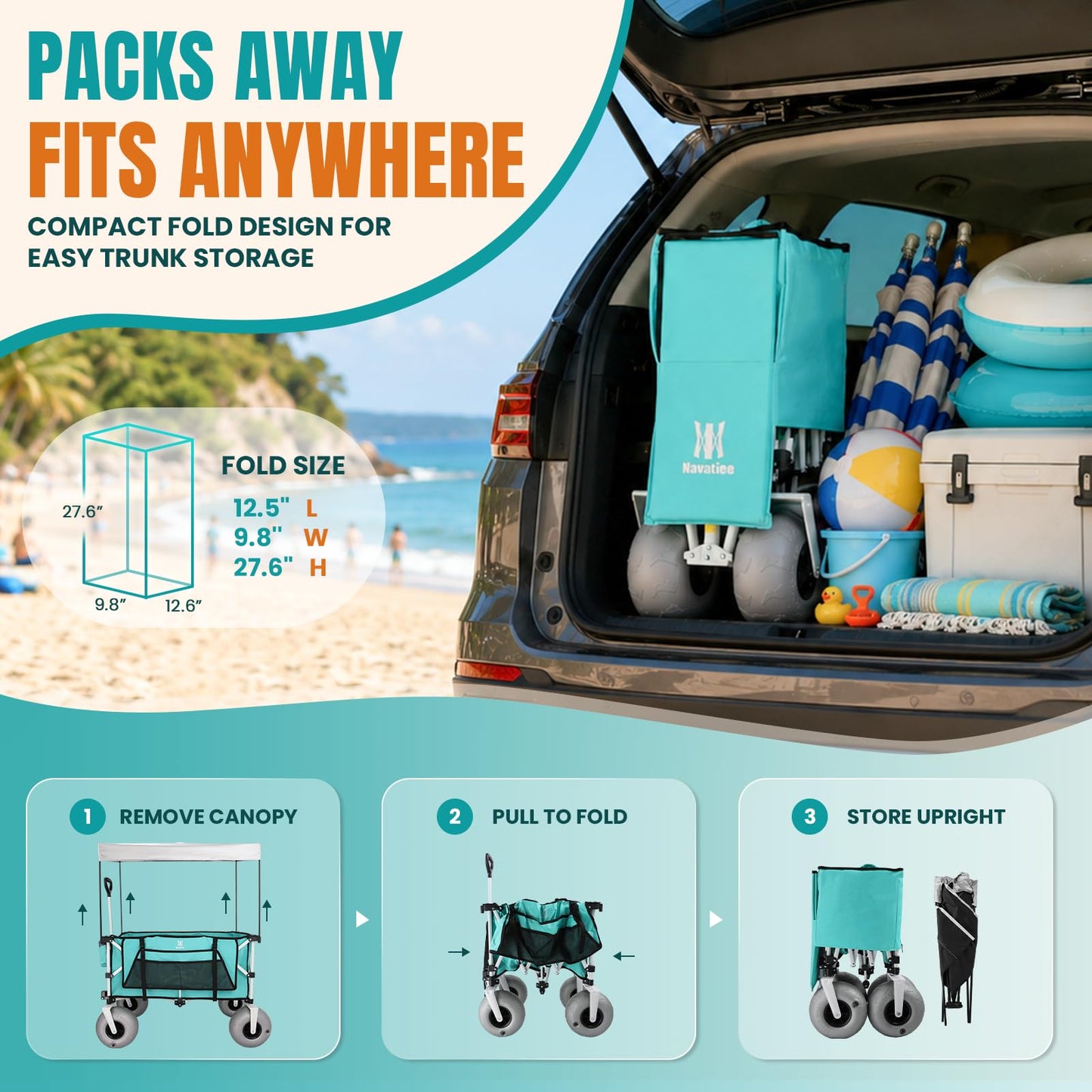 Navatiee Beach Wagon with Big Balloon Wheels for Sand, 200L Extra Large Beach Cart with Canopy, 440Lbs Heavy Duty Folding Wagon Collapsible with 9" Tires & Side Pocket for Beach, Outdoor, Light Blue