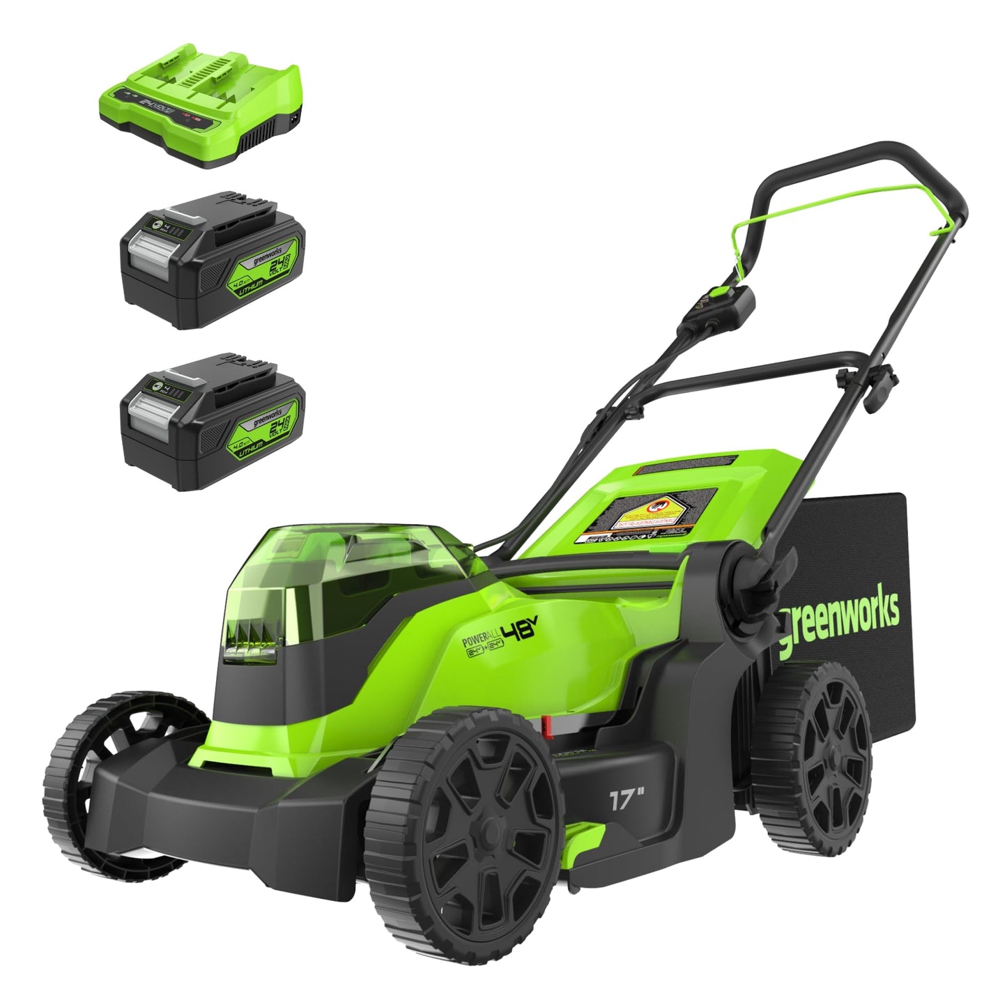Greenworks 48V (24V x 2) 17" Brushless Cordless Push Lawn Mower, Includes (2) 4.0Ah Batteries and Dual Port Rapid Charger((200+ Compatible Tools, 45Min Runtime)