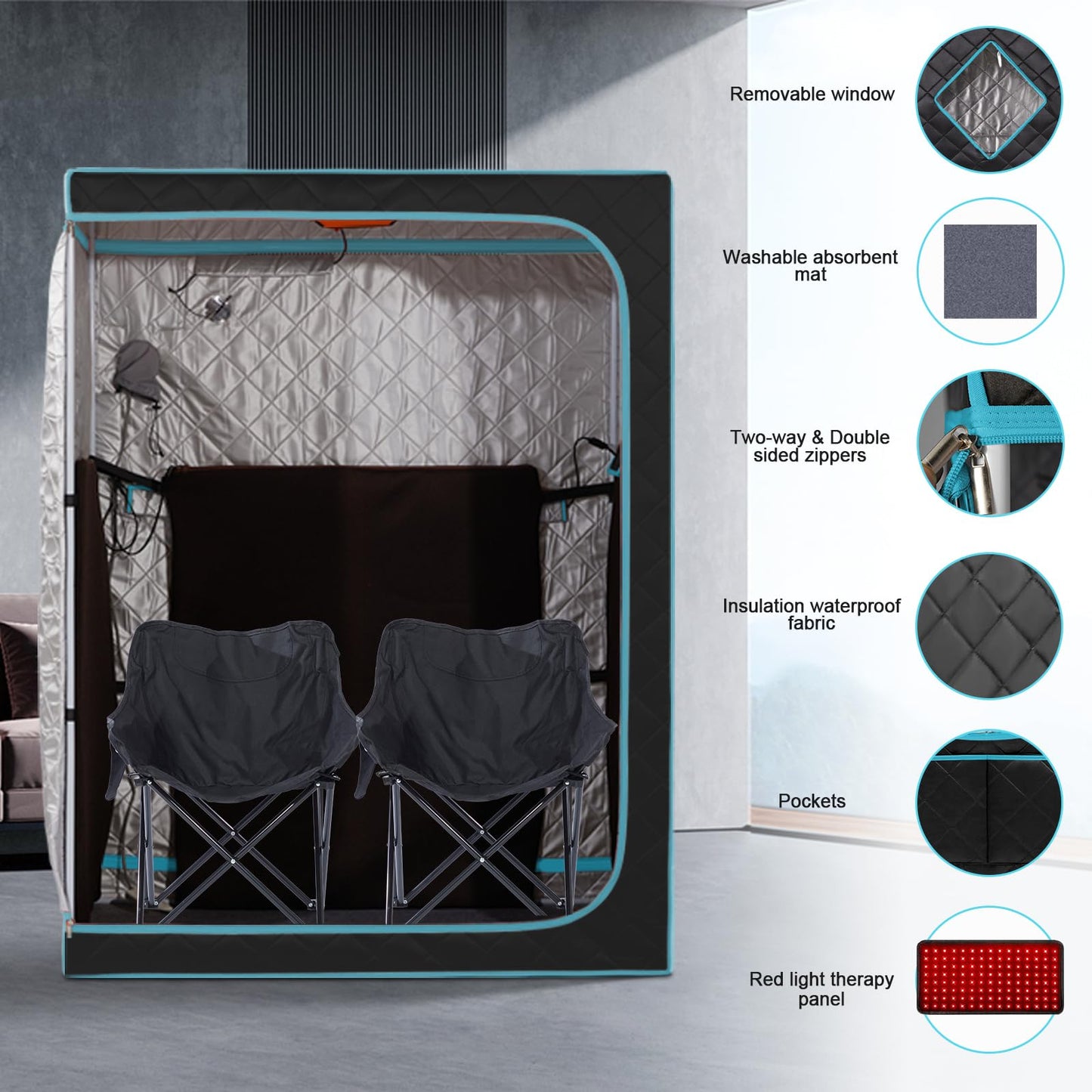 ZONEMEL 2-Person Portable Full Spectrum Infrared Large Sauna with Remote, 1600W Heating, 3 Carbon Panels, Red Light Therapy & 2 Chairs, Dry Heat, Home Spa Tent for Relaxation (47.2"x35.4"x63")
