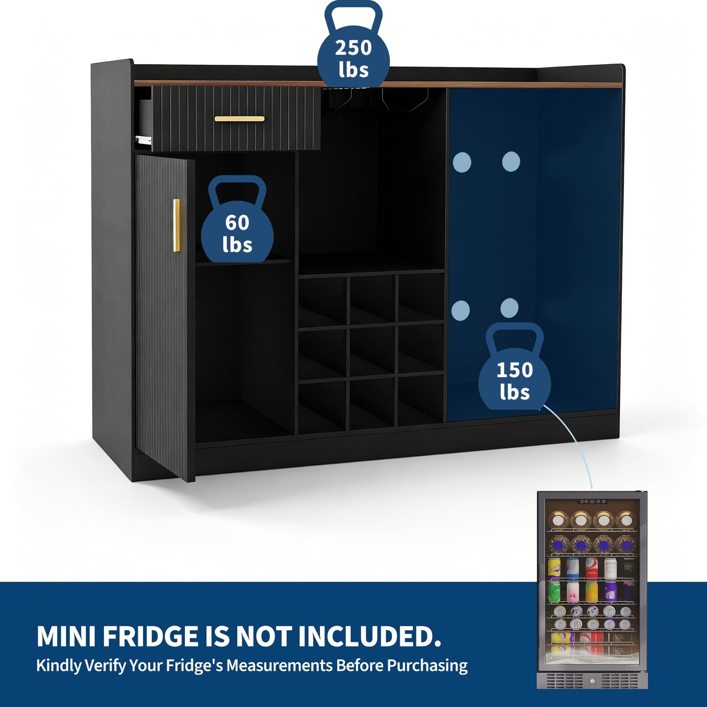 Garvee Coffee Bar Cabinet with Fridge Space, Wine Cabinet with Glass Holder, Power Outlet & LED Light, Fluted Buffet Sideboard for Home Bar, Living Room, Black