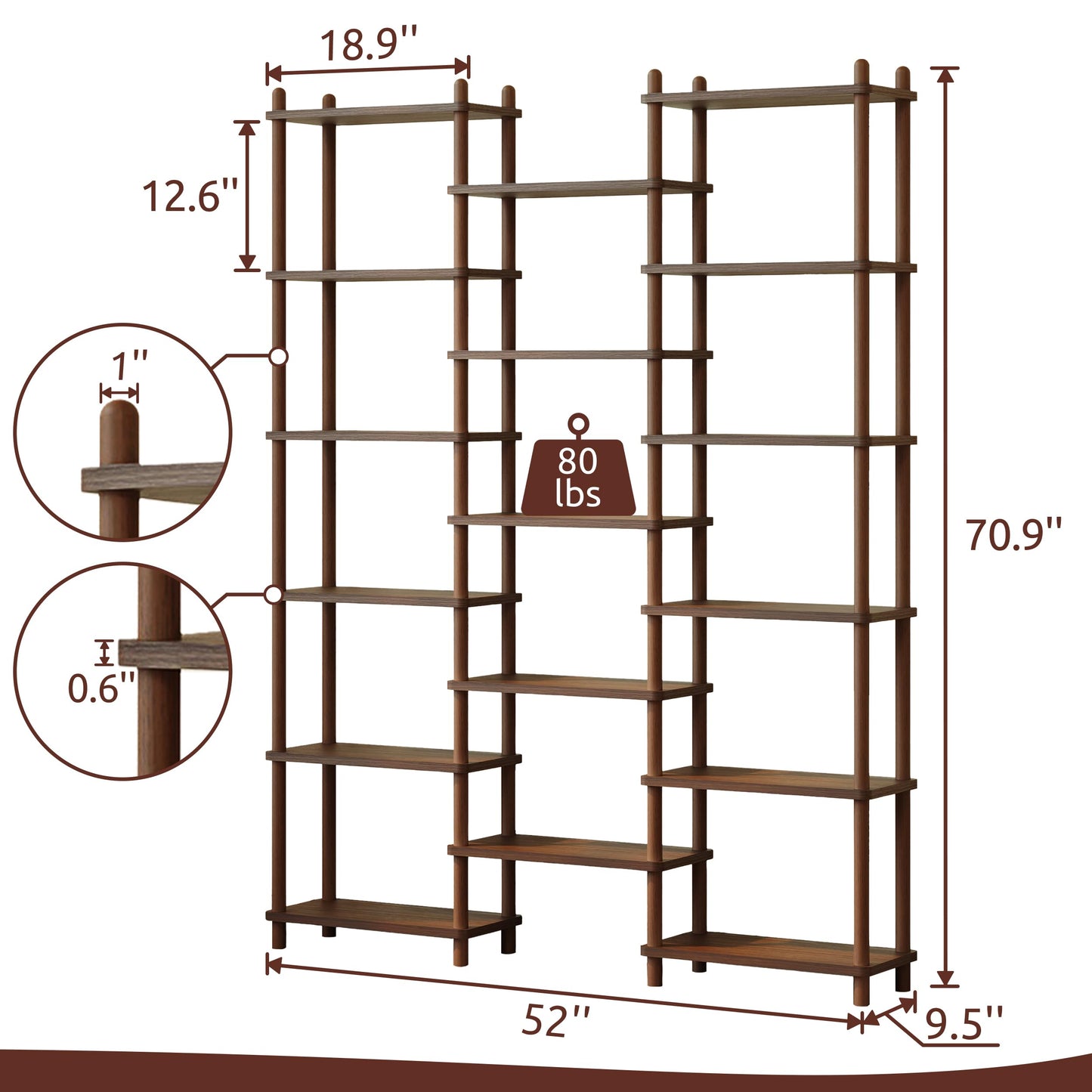 IOTXY Wooden Triple Wide Bookshelf - 6-Tier Large Shelf Bookcase with Solid Beech Frame, Tall Freestanding Open Etagere Display Rack for Home Office, Walnut