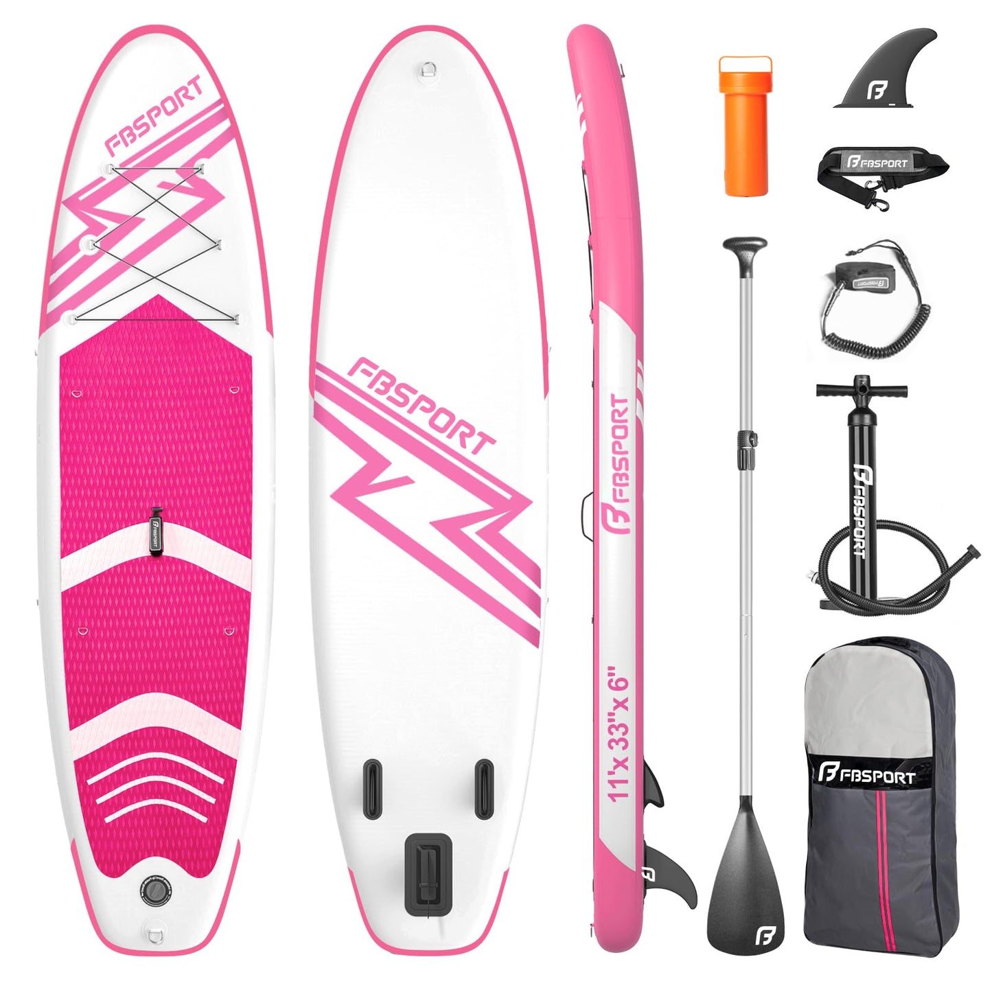 FBSPORT 11' Premium Stand Up Paddle Board, Yoga Board with SUP Accessories & Carry Bag | Wide Stance, Surf Control, Non-Slip Deck, Leash, Paddle and Pump for Youth & Adult (Pink)