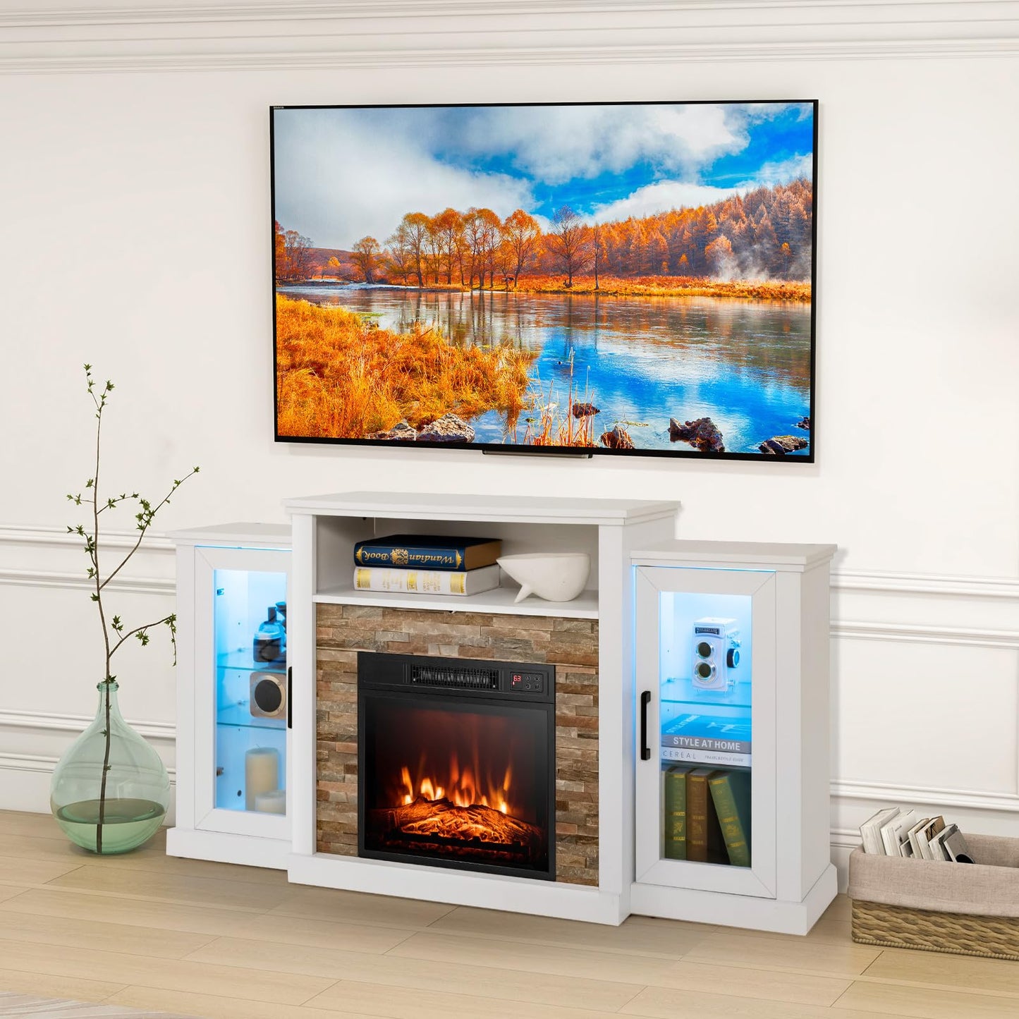Tangkula Electric Fireplace TV Stand, Electric Fireplace Mantel with 16-Color Led Lights, Adjustable Glass Shelves, Remote & Smart APP Control, TV Console for Living Room