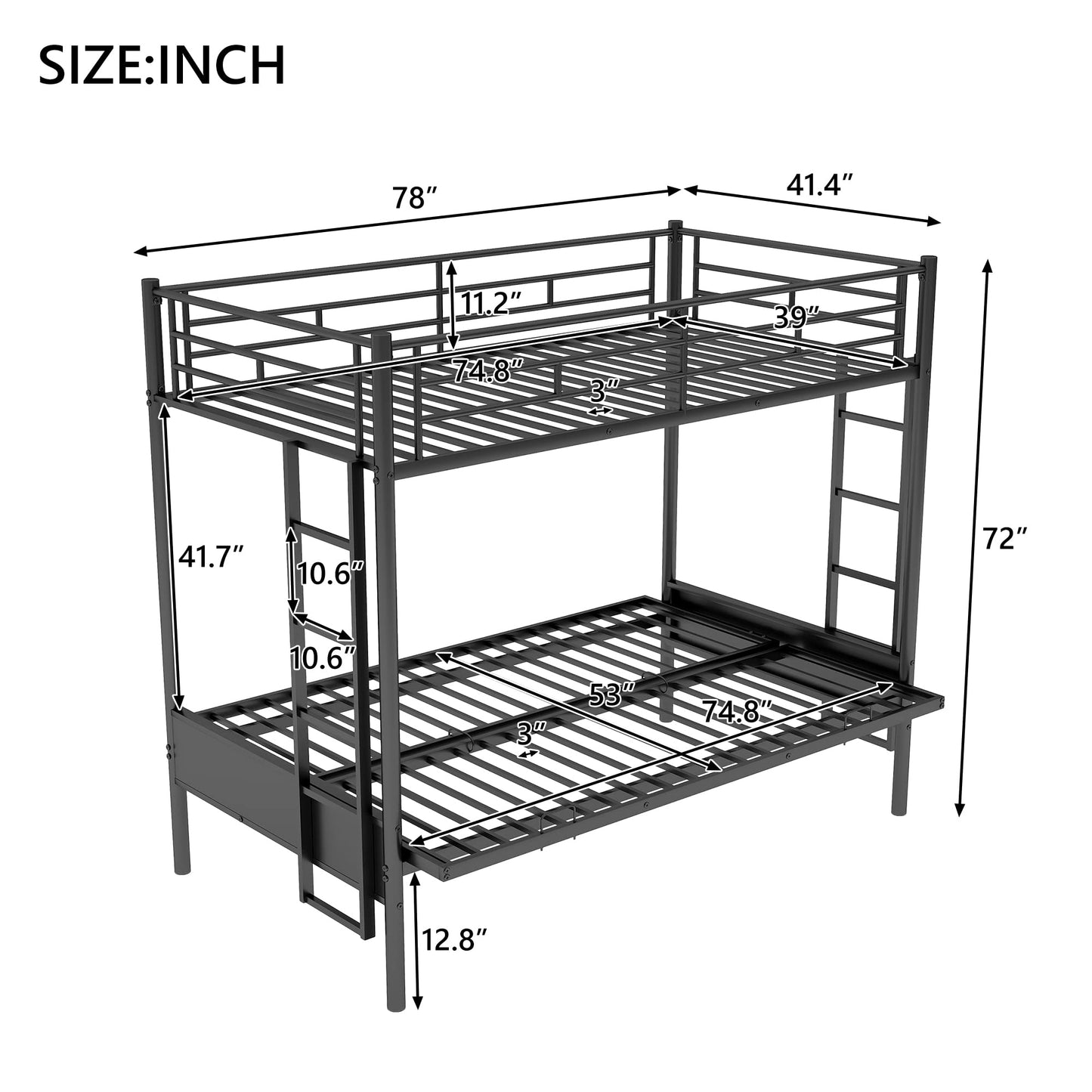 Bellemave Twin Over Futon bunk Bed, loft Bed with futon, Twin Over Full Futon bunk beds, No Box Spring Needed, Black
