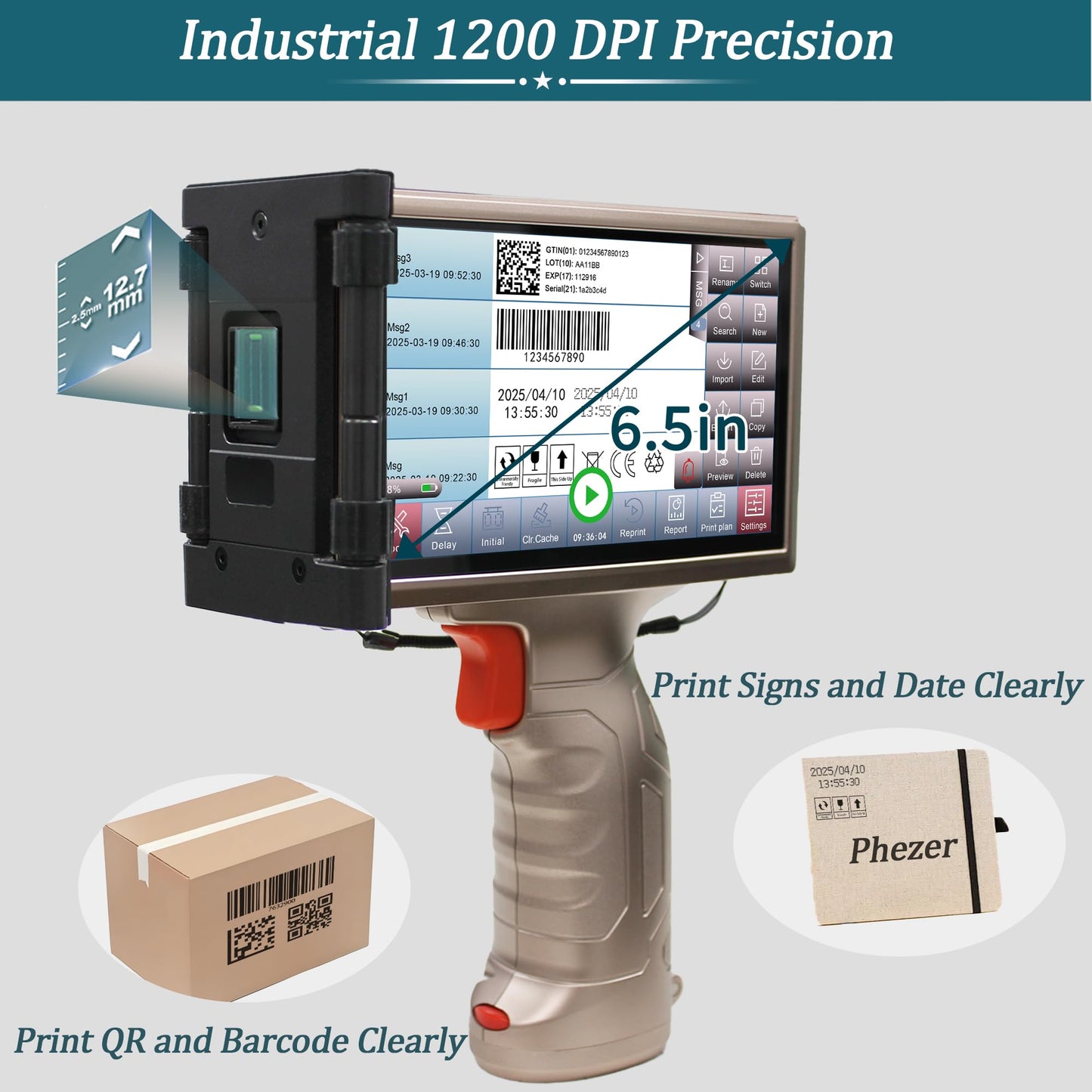 Phezer Industrial Handheld Inkjet Printer with 1200 DPI Precision, 0.5 inch Print Height 6.5 Inch Touchscreen for Text/Barcode/Logo/QR/Counter/Batch Number/Date on Any Surface (PRX 880)