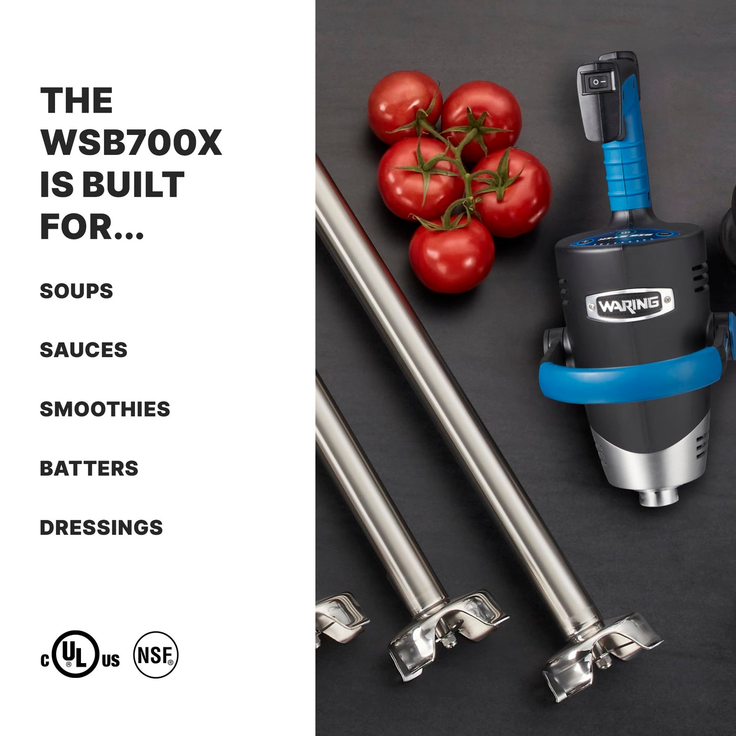 Waring Commercial EvolutionX Immersion Blender, 1.5 Horsepower Motor, 21" Stainless Steel Shaft, Variable Speed, 50-Gallon Capacity, for Professional Hand Blender for Kitchens & Catering, WSB700X