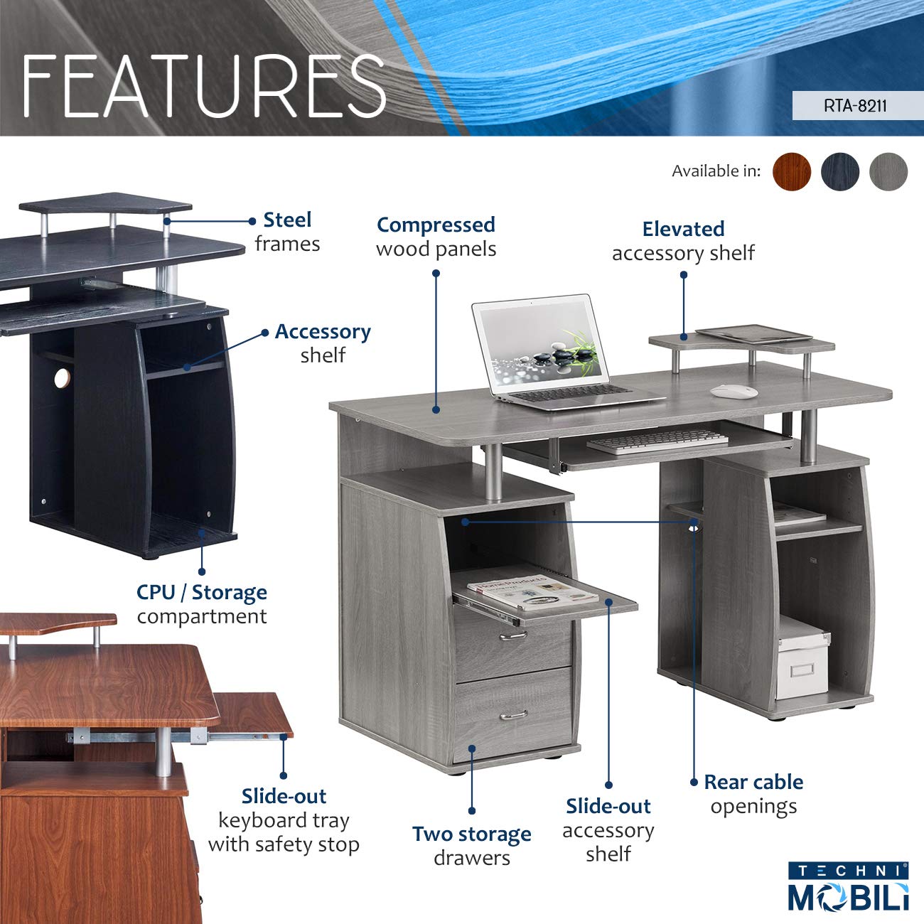 Techni Mobili 47" W Computer Desk with Drawers and Storage, Office Desk with Printer Shelf, Pull Out Shelf and Keyboard Tray, Computer Workstation, Espresso Brown