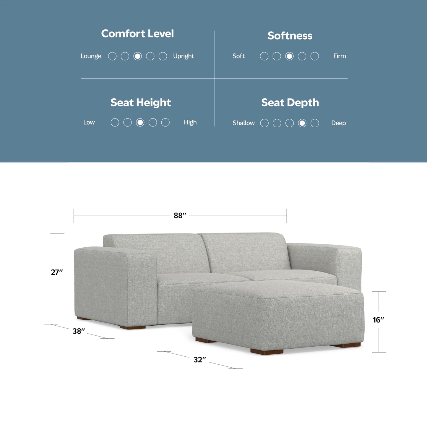 SIMPLIHOME Rex Modular Sofa and Ottoman Set in 100% Recycled Polyester Tightly Woven Performance Fabric, Pale Grey, 88-inch-Wide 2-Seater Couch and Matching 34-inch-Wide Table Ottoman for Living Room