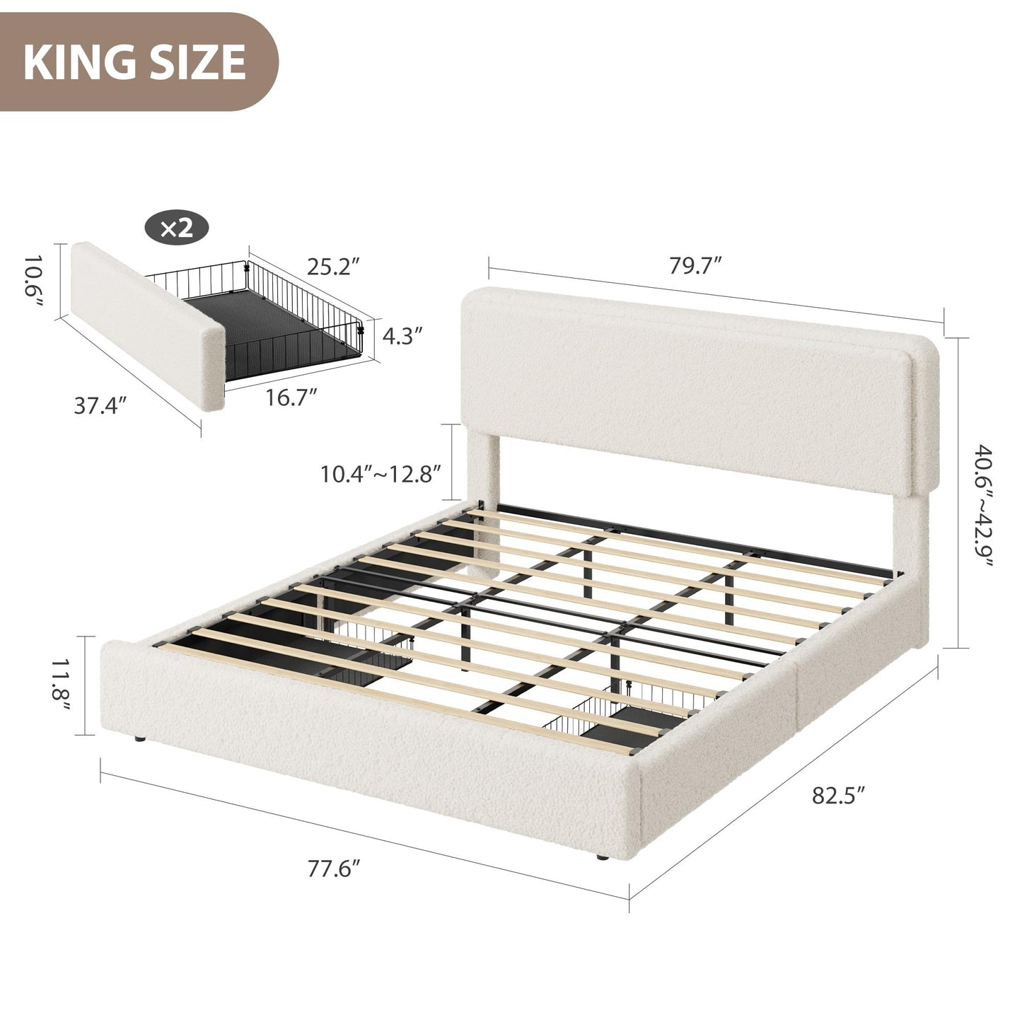 Garvee King Size Teddy Fleece Bed Frame, Upholstered Platform Bed with 2 Storage Drawers, Height Adjustable Cloud Headboard, Thick Soft Teddy Fabric Bed, Modern Style, No Box Spring Required, Cream