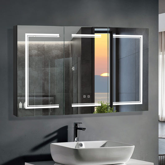 Karl home Black LED Mirror Medicine Cabinet, 48x28 Inch 3 Door Bath Cabinet