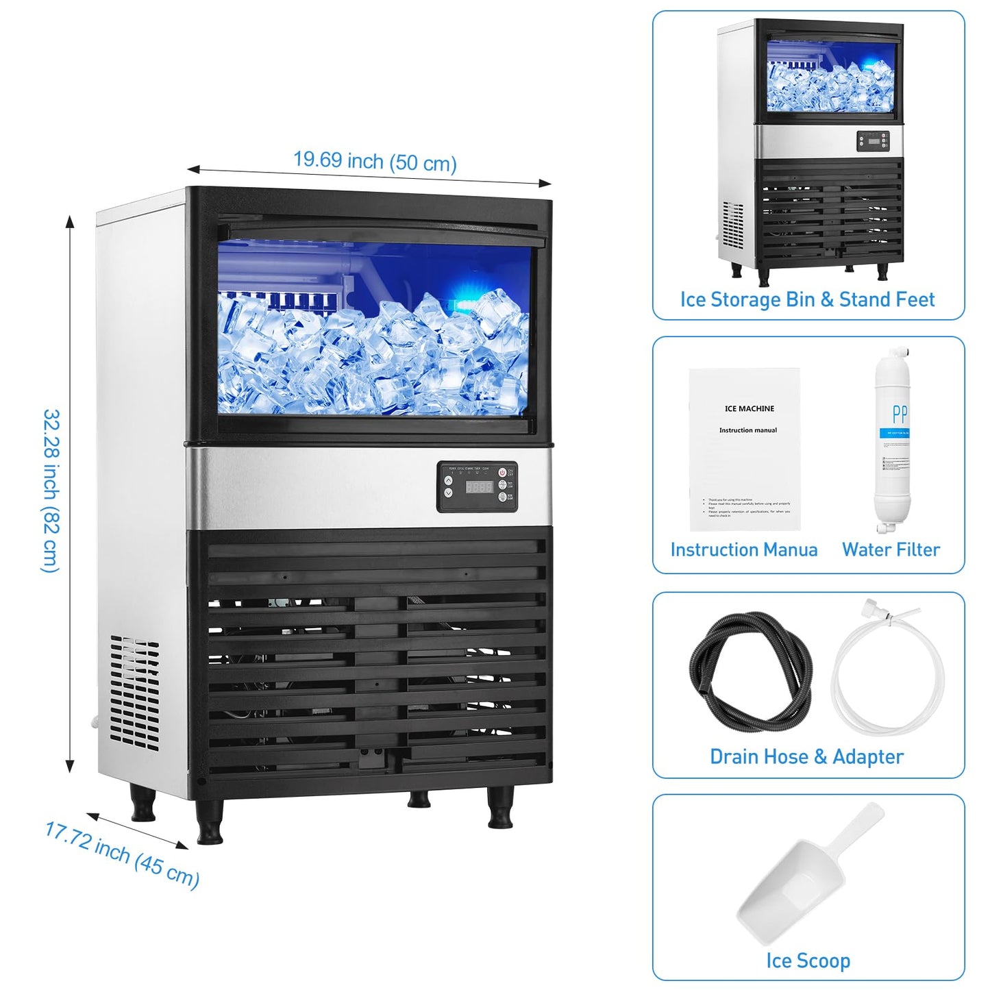Commercial Ice Maker Machine 150Lbs/24H, 35Lbs Storage Bin, 6x13Pcs Clear Ice Cubes, Freestanding Stainless Steel Ice Making Machine with Blue Light for Restaurant, Home, Bars, Coffee Shop