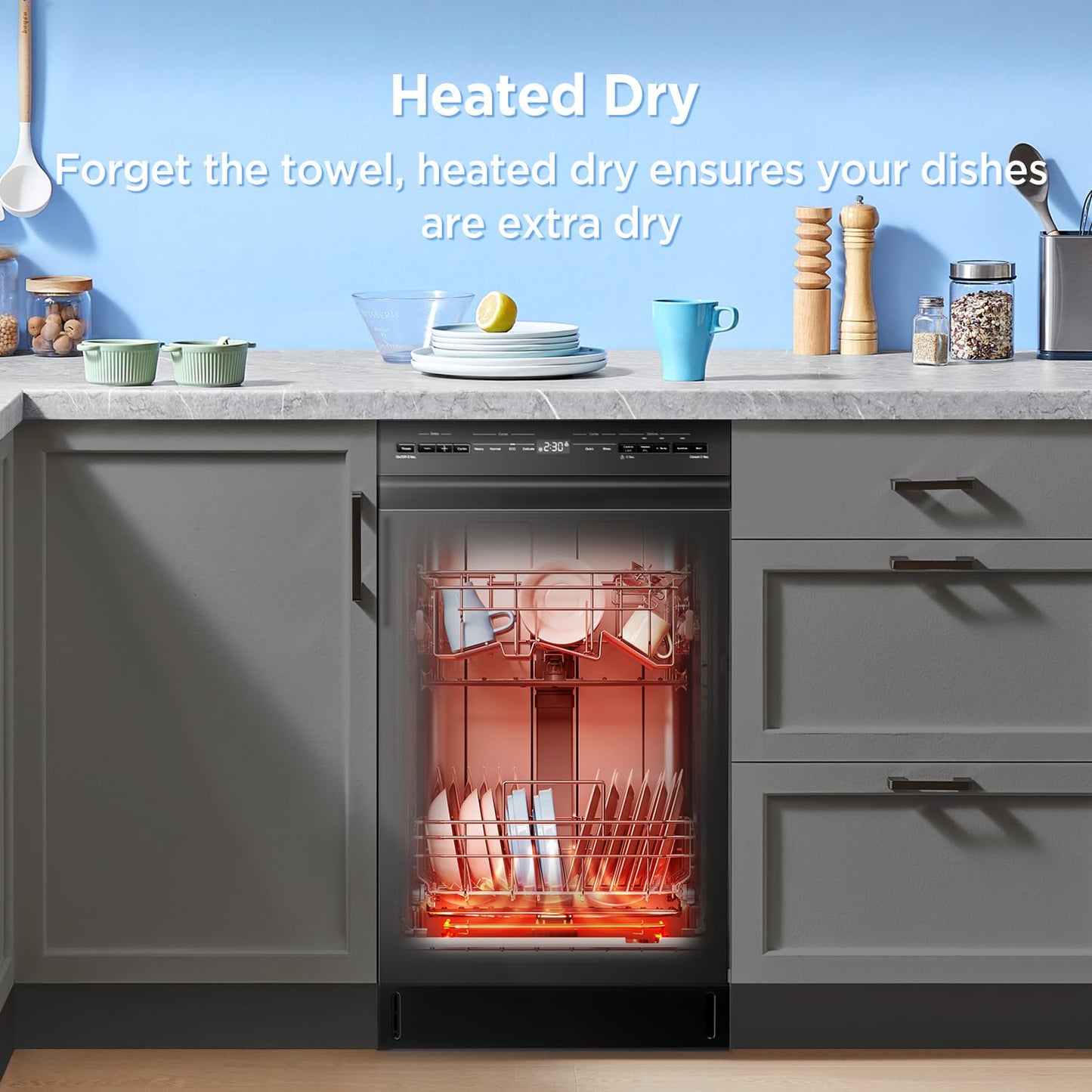 Midea 18 Inch Built-in Dishwasher, Slim Space-Saving Design with Stainless Steel Tub, 8 Place Settings & 6 Wash Cycles, Energy Star Certified Dishwasher with Heated Dry & High-Temp Wash, Black