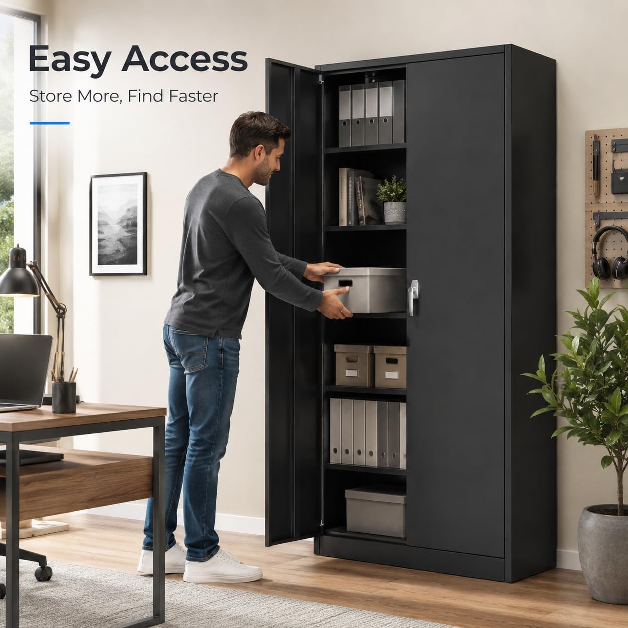 PeakPursuit 71 Inch Metal Storage Cabinet, Locking Steel Cabinet with 4 Adjustable Shelves & Leveling Feet, Heavy Duty Garage Storage Cabinet for Pantry, Office, Home, Laundry Room, Black