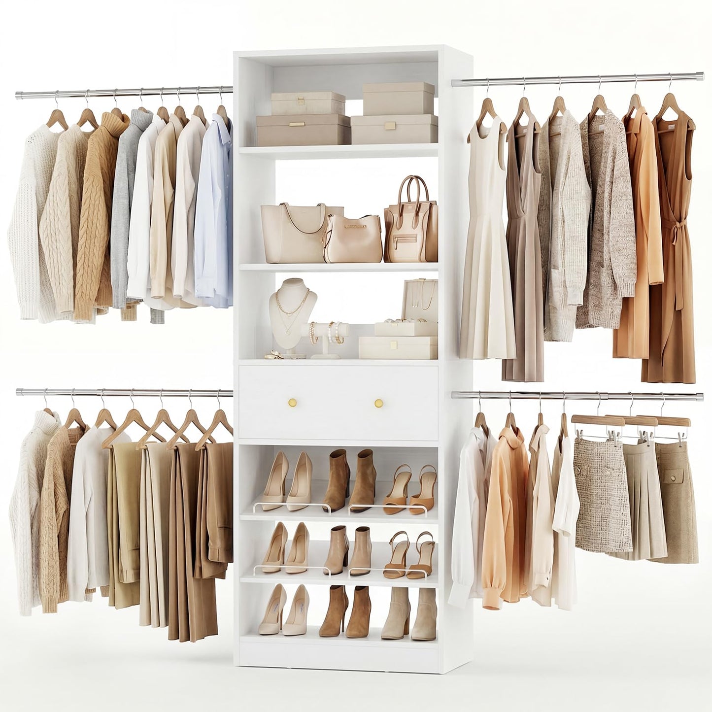 Armocity Wood Closet Organizer System - 4FT-9FT Expandable Wardrobe Closet with Drawer & 4 Hanging Rods, Heavy Duty Walk-in Closet 1000Lbs for Bedroom Walk-in Closet, White