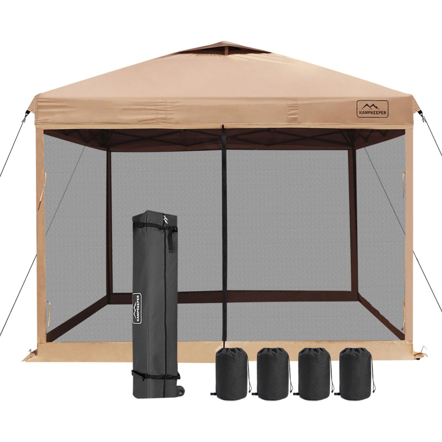 KAMPKEEPER 10x10 Pop-Up Canopy Tent, Waterproof Portable Shade with Screen Walls, Adjustable Instant Outdoor Shelter for Camping, Backyard, and Events, Khaki