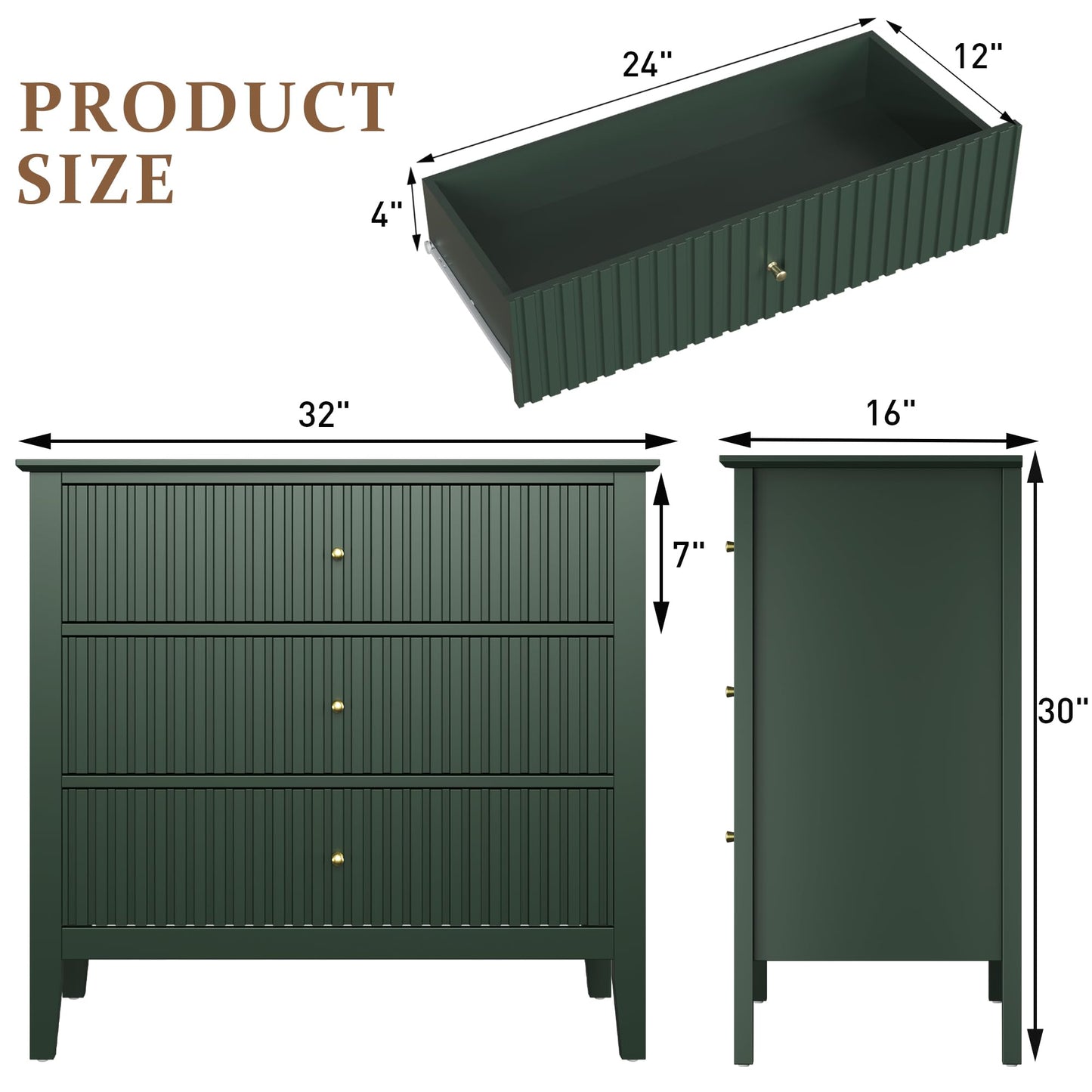 RoyalCraft 32" Large Nightstand Set of 2, Fluted Painted Bedside Table with 3 Spacious Drawers, Modern Tall End Table for Bedroom, Dark Green